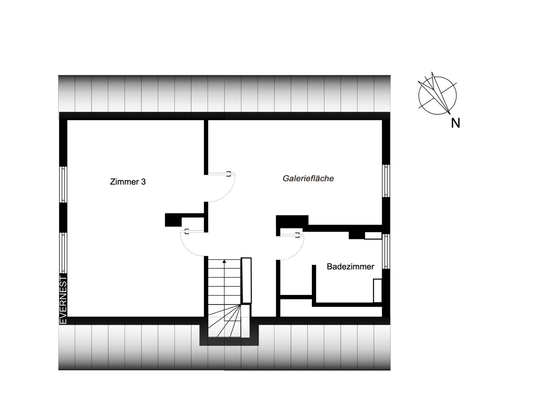 Grundriss mit Zimmer 3, Galeriebereich, Badezimmer und Treppenaufgang.