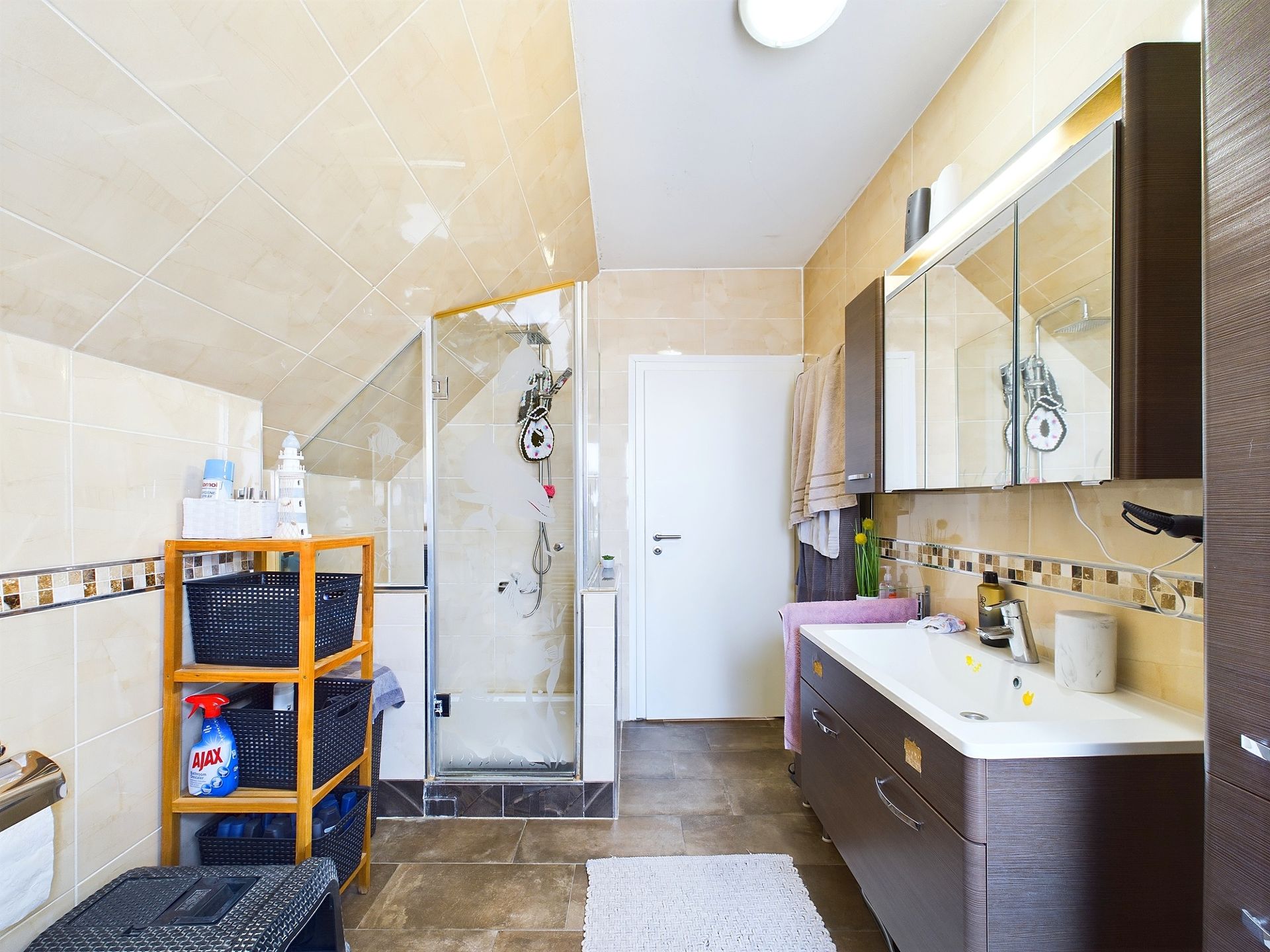 Modernes Badezimmer mit Dusche, großem Waschbecken, Spiegel und Regal mit Reinigungsmitteln.