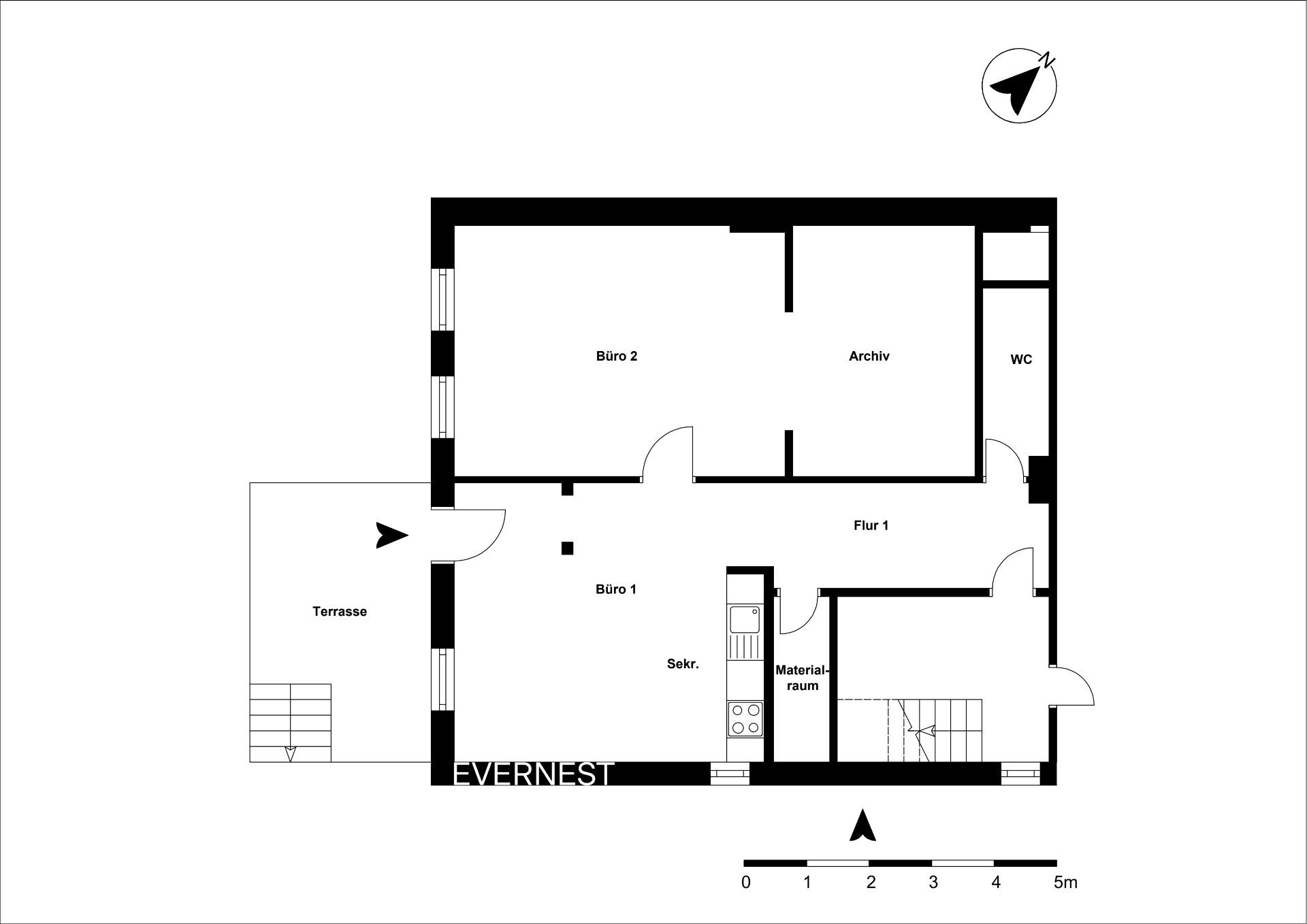 Grundriss mit Büros, Archiv, WC, Materialraum, Sekretariat und Terrasse.