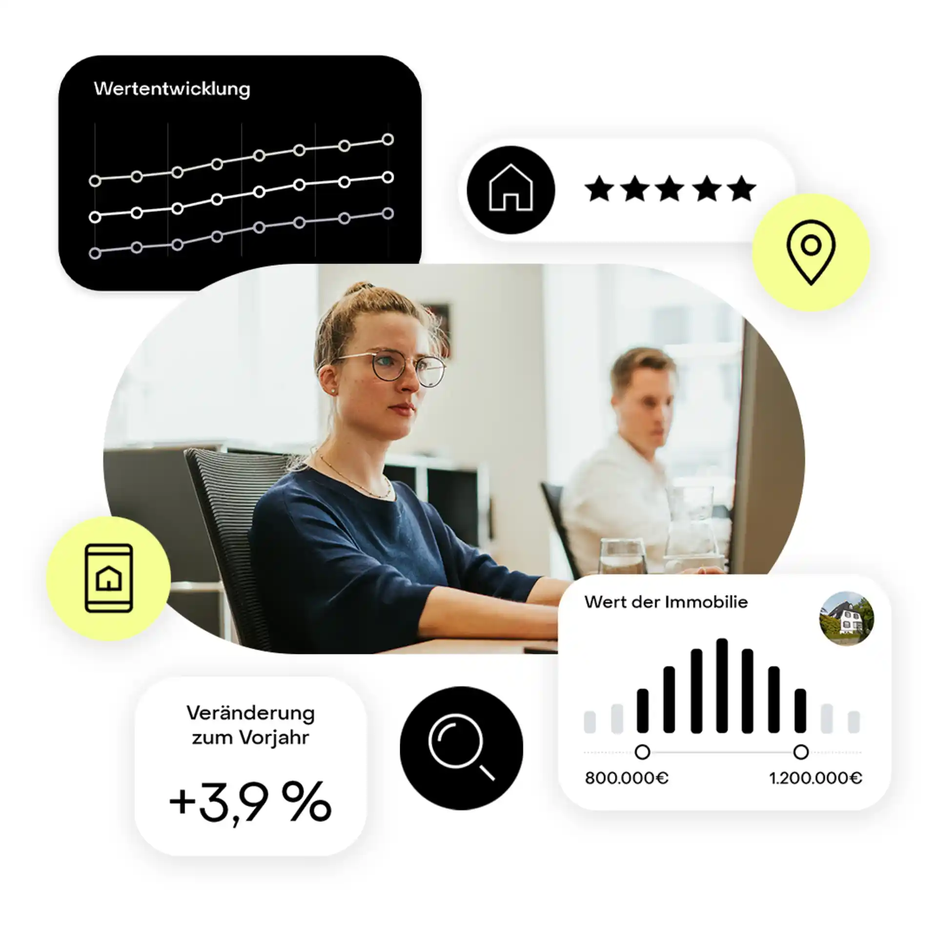 Zwei Personen arbeiten am Schreibtisch, umgeben von Immobilien-Grafiken und Symbolen.