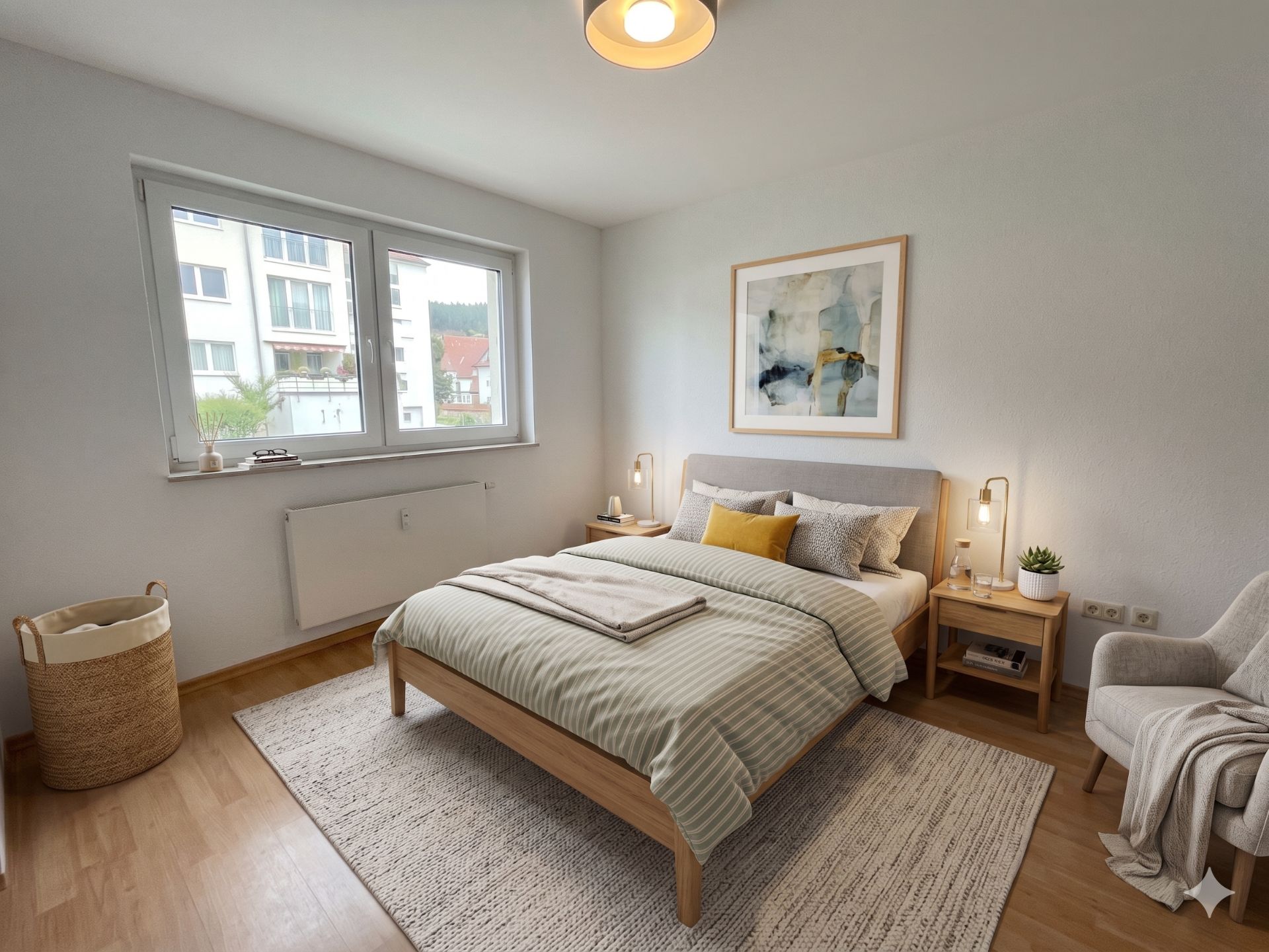Helles Schlafzimmer mit Doppelbett, zwei Nachttischen, Sessel und großem Fenster.