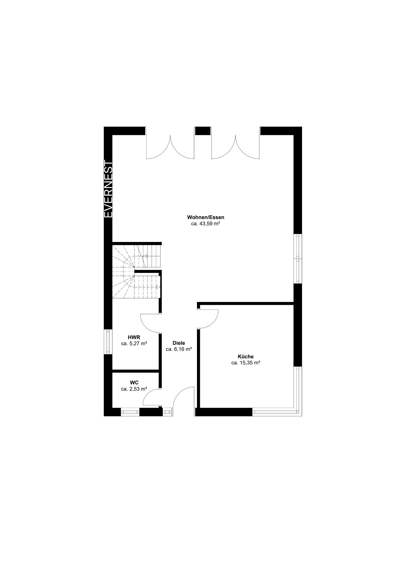 Grundriss des Erdgeschosses mit Wohnbereich, Küche, WC und Hauswirtschaftsraum.
