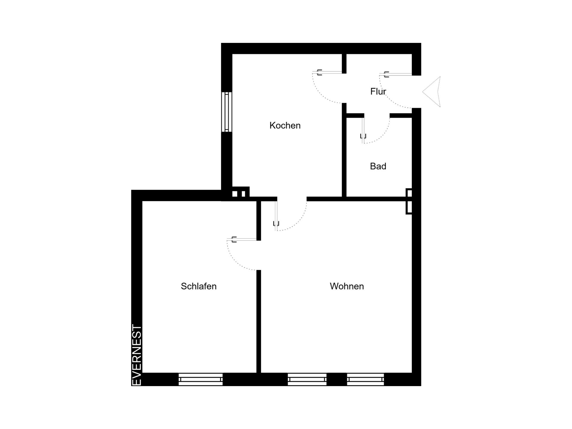 Grundriss einer Wohnung mit Schlafen, Wohnen, Kochen, Bad und Flur.