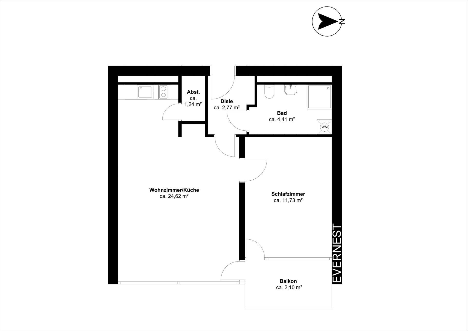 Grundriss einer Wohnung mit Wohnzimmer, Küche, Schlafzimmer, Bad, Abstellraum, Diele und Balkon.