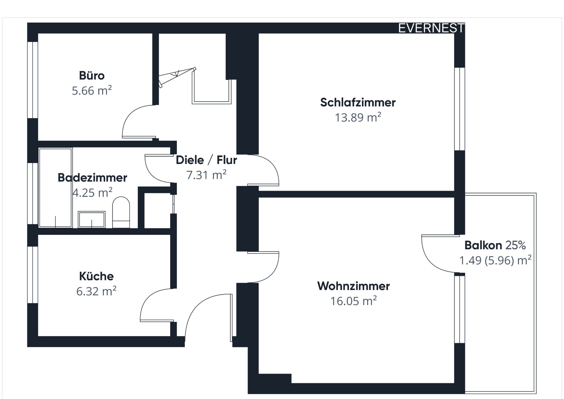 Wohnungsgrundriss mit Büro, Schlafzimmer, Wohnzimmer, Küche, Badezimmer und Balkon.