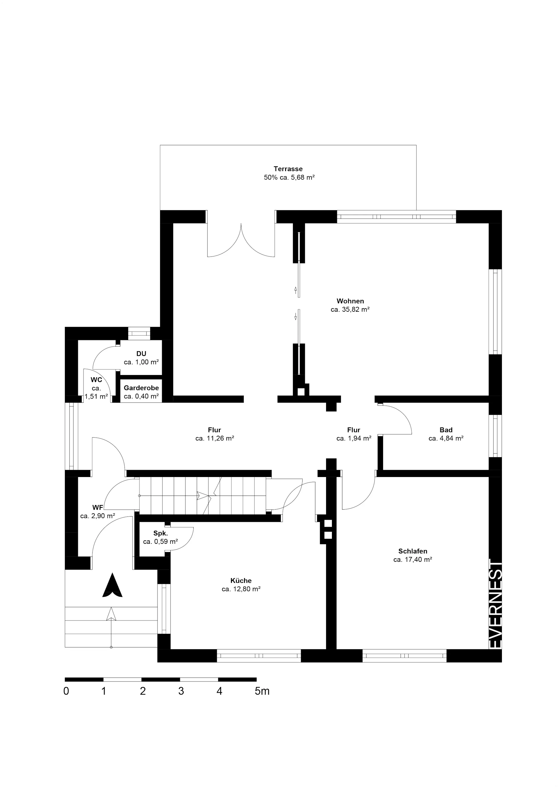 Grundriss einer Wohnung mit Wohnzimmer, Küche, Bad, Schlafzimmer, Flur und Terrasse.