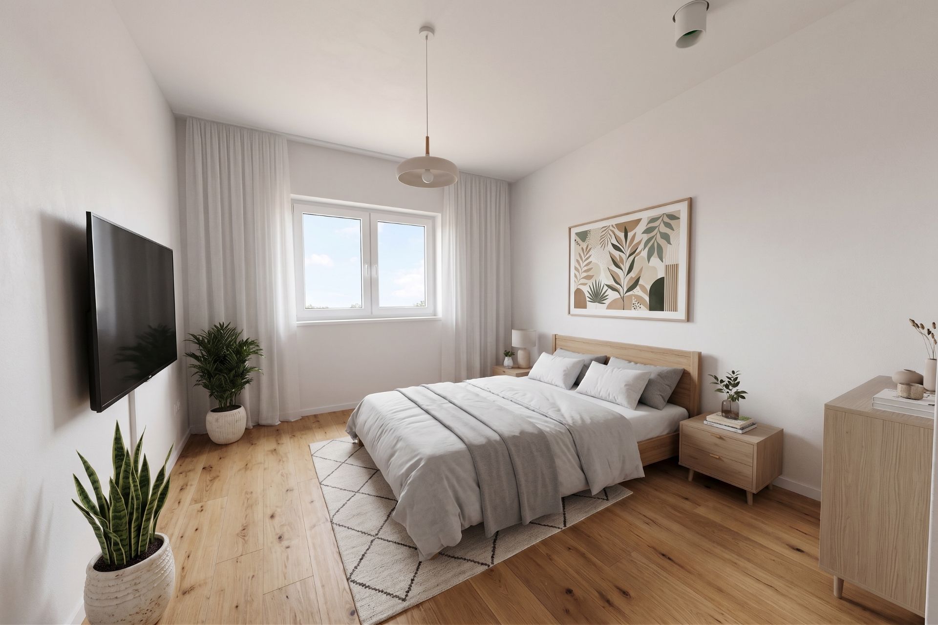 Helles Schlafzimmer mit Doppelbett, Holzfußboden, Pflanzen und großem Fenster.