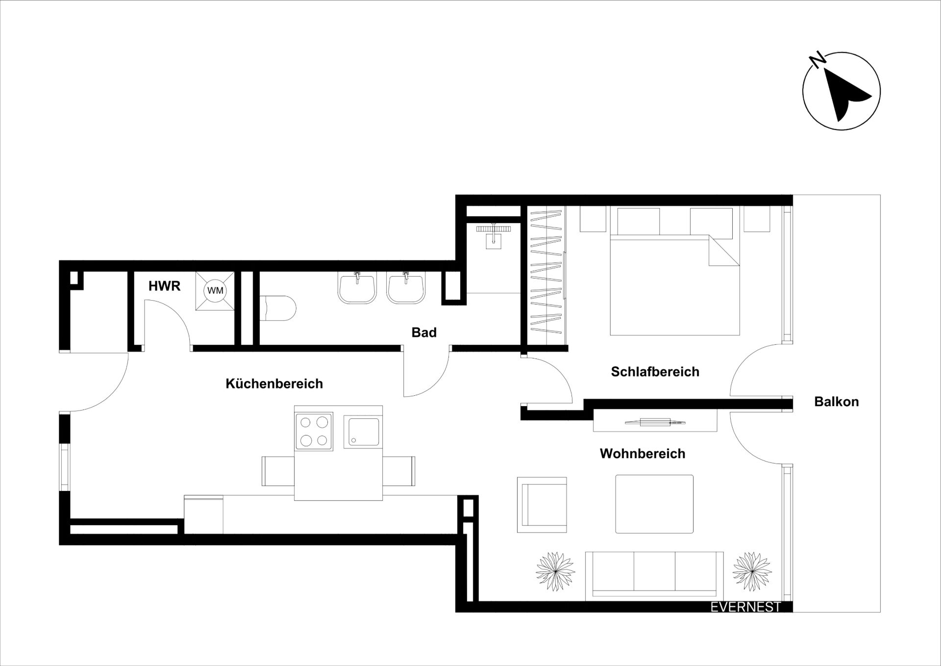 Grundriss einer Wohnung mit Küche, Bad, Schlafbereich, Wohnbereich, HWR und Balkon.