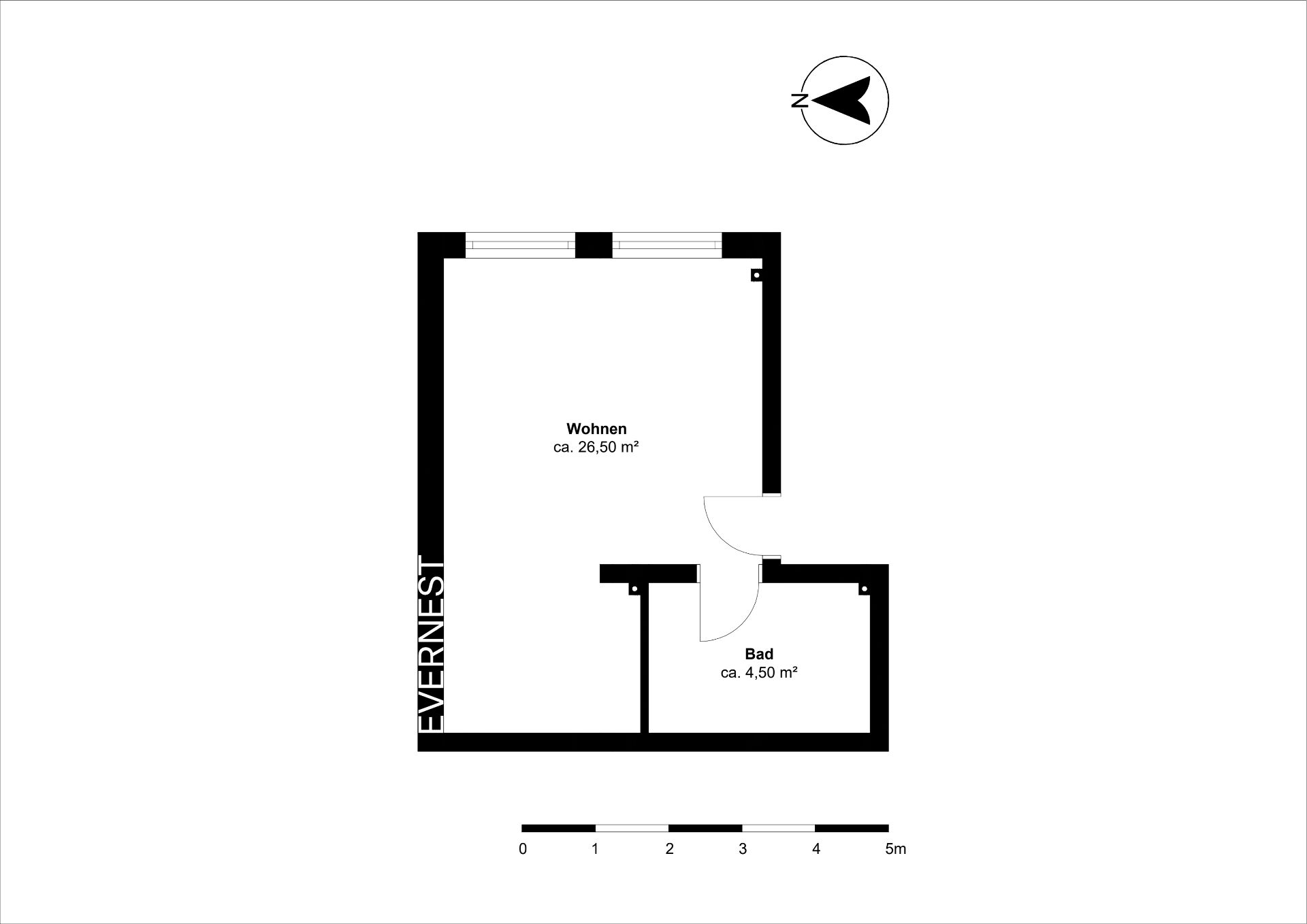 Grundriss mit einem Wohnraum und einem Badezimmer, Fläche und Türen sind ersichtlich.