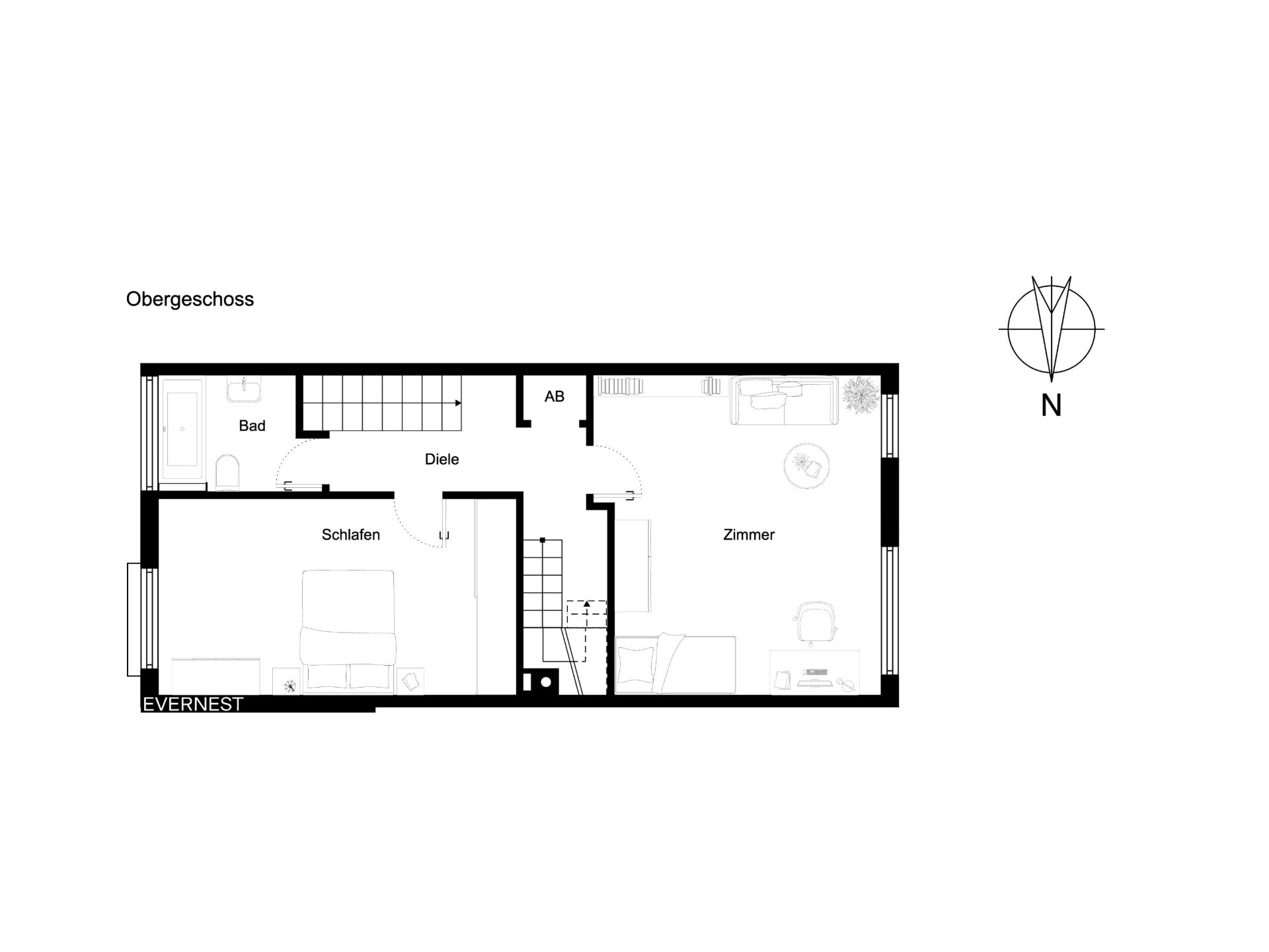 Grundriss des Obergeschosses mit Schlafraum, Bad, Zimmer und Flur.