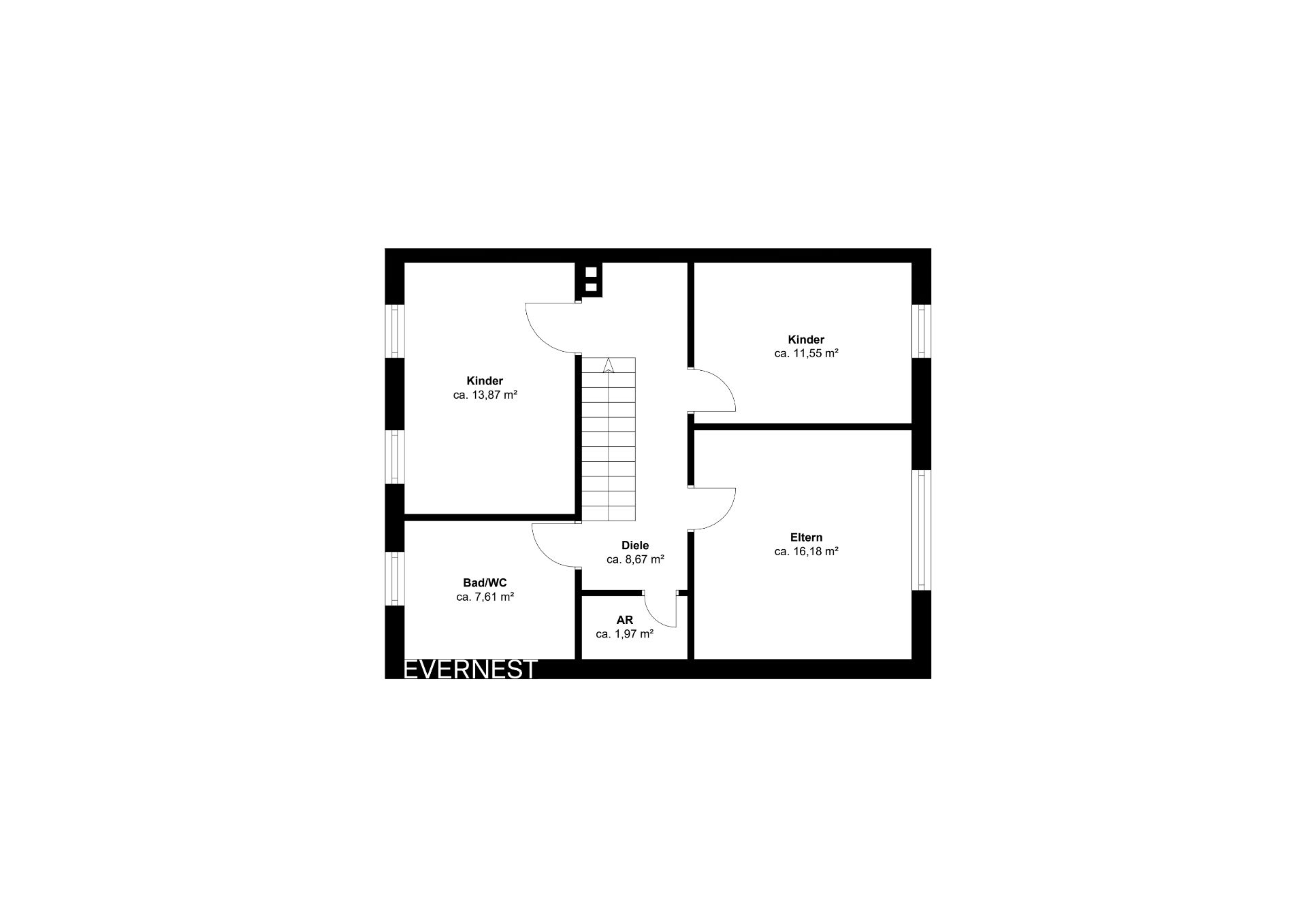 Grundriss mit zwei Kinderzimmern, Elternschlafzimmer, Bad, Abstellraum und Flur.
