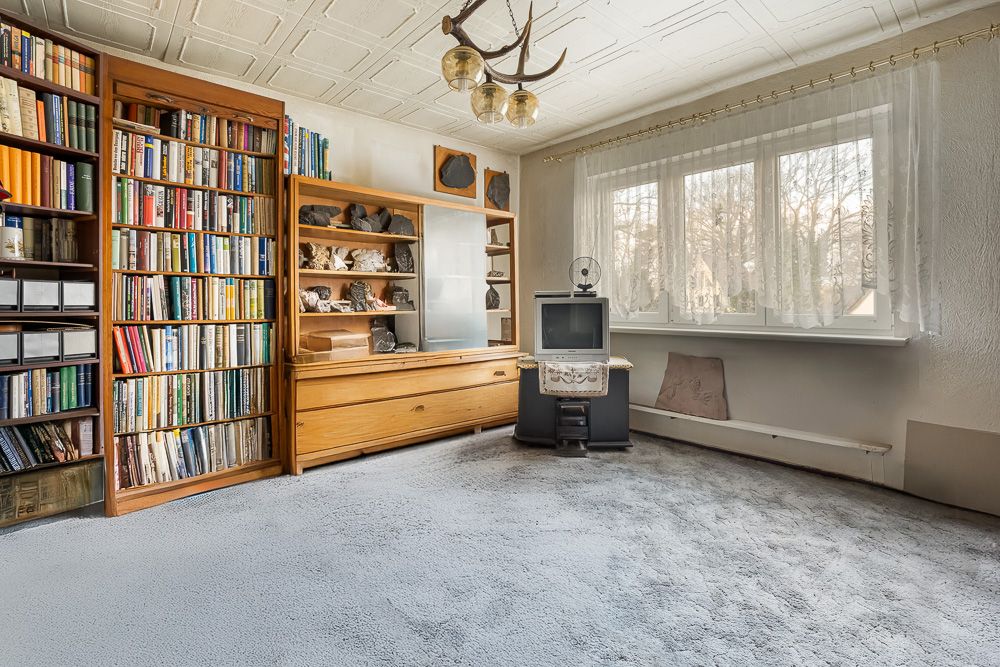 Wohnzimmer mit Bücherregal, Holzregal, Fernseher und großem Fenster mit Gardinen.