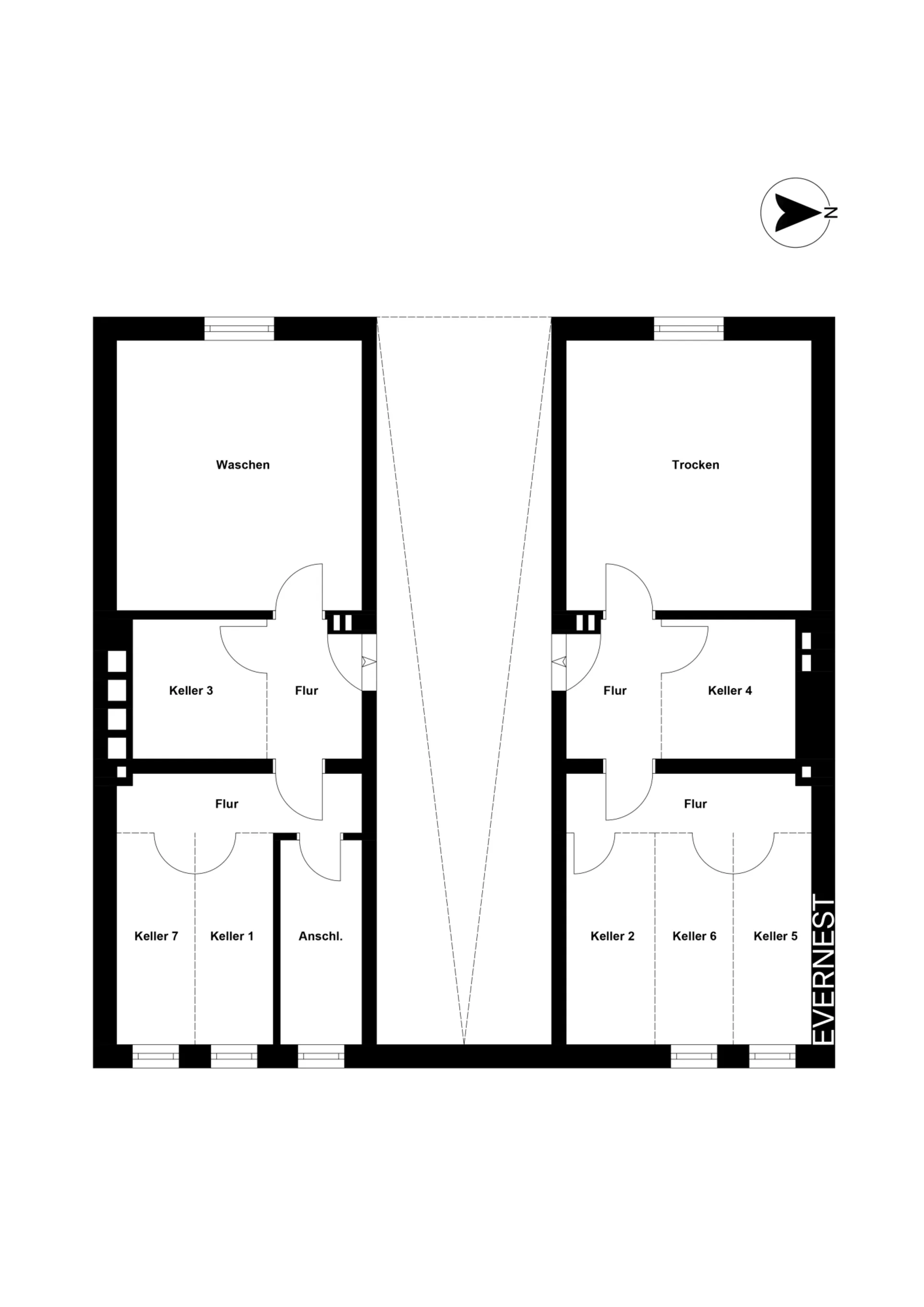 Grundriss eines Kellers mit Waschküche, Trockenraum und mehreren separaten Kellerräumen.
