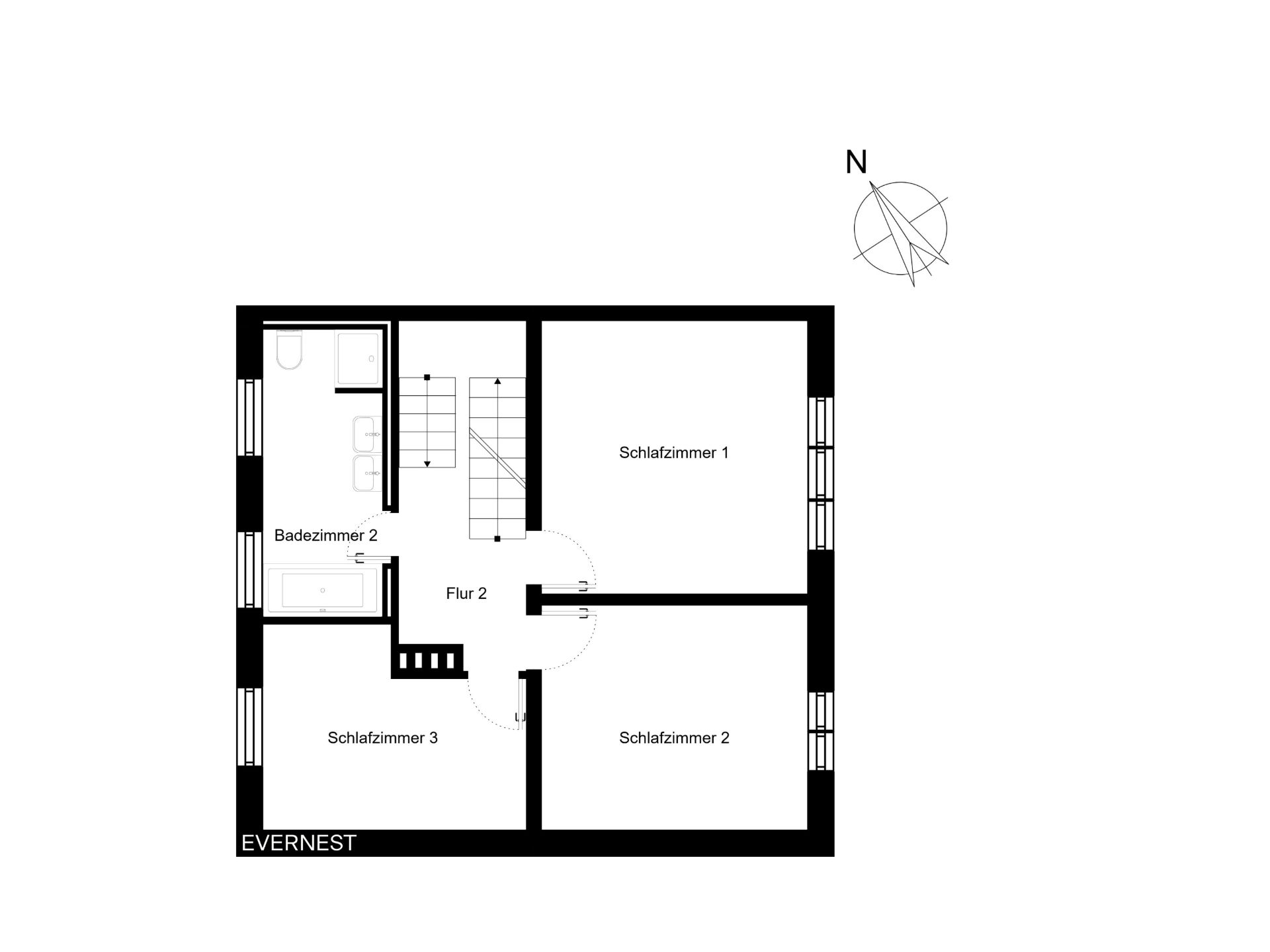 Grundriss mit drei Schlafzimmern, einem Badezimmer und einem Flur.