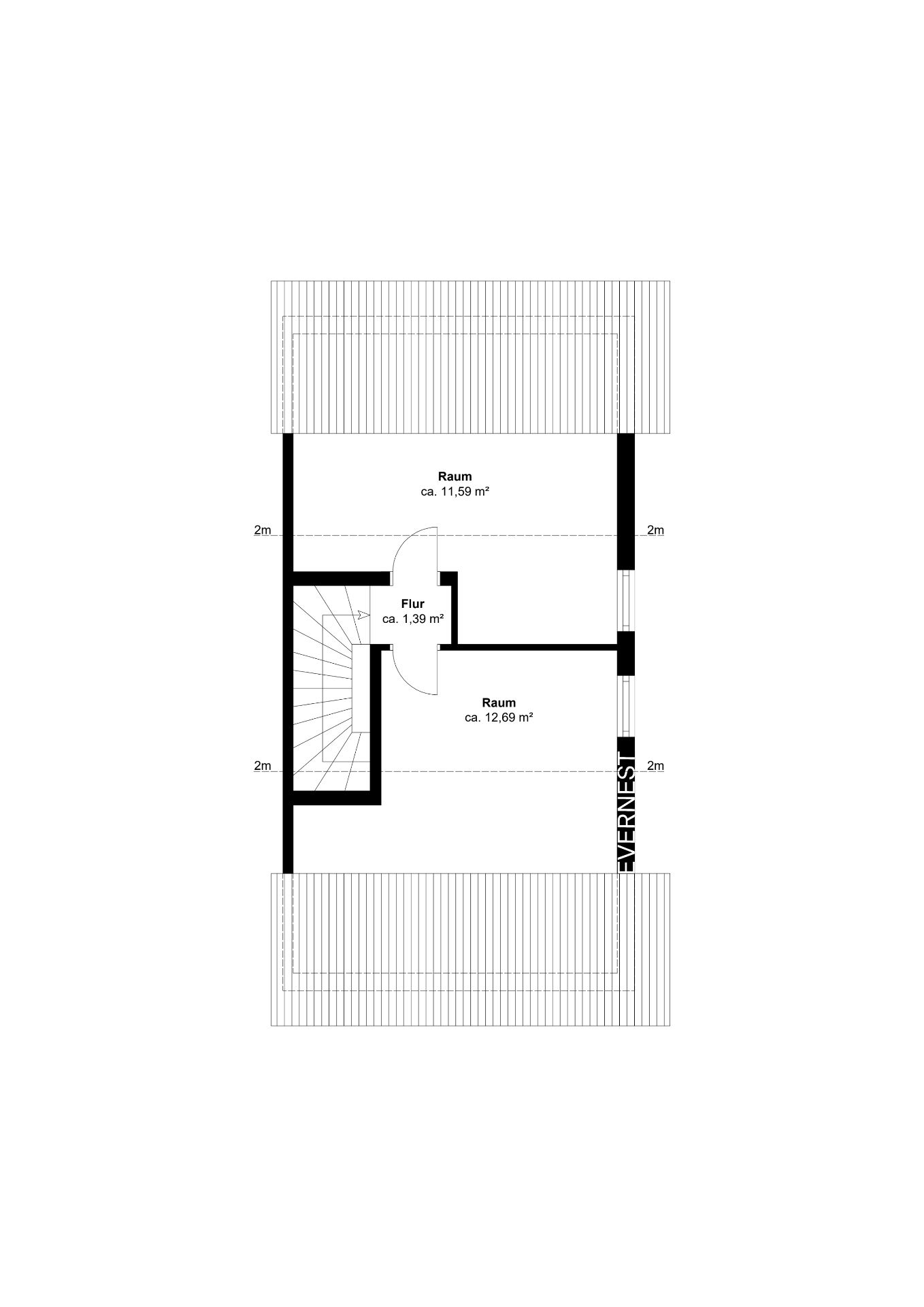 Grundriss mit zwei Räumen und Flur, Flächenangaben in Quadratmetern sind sichtbar.