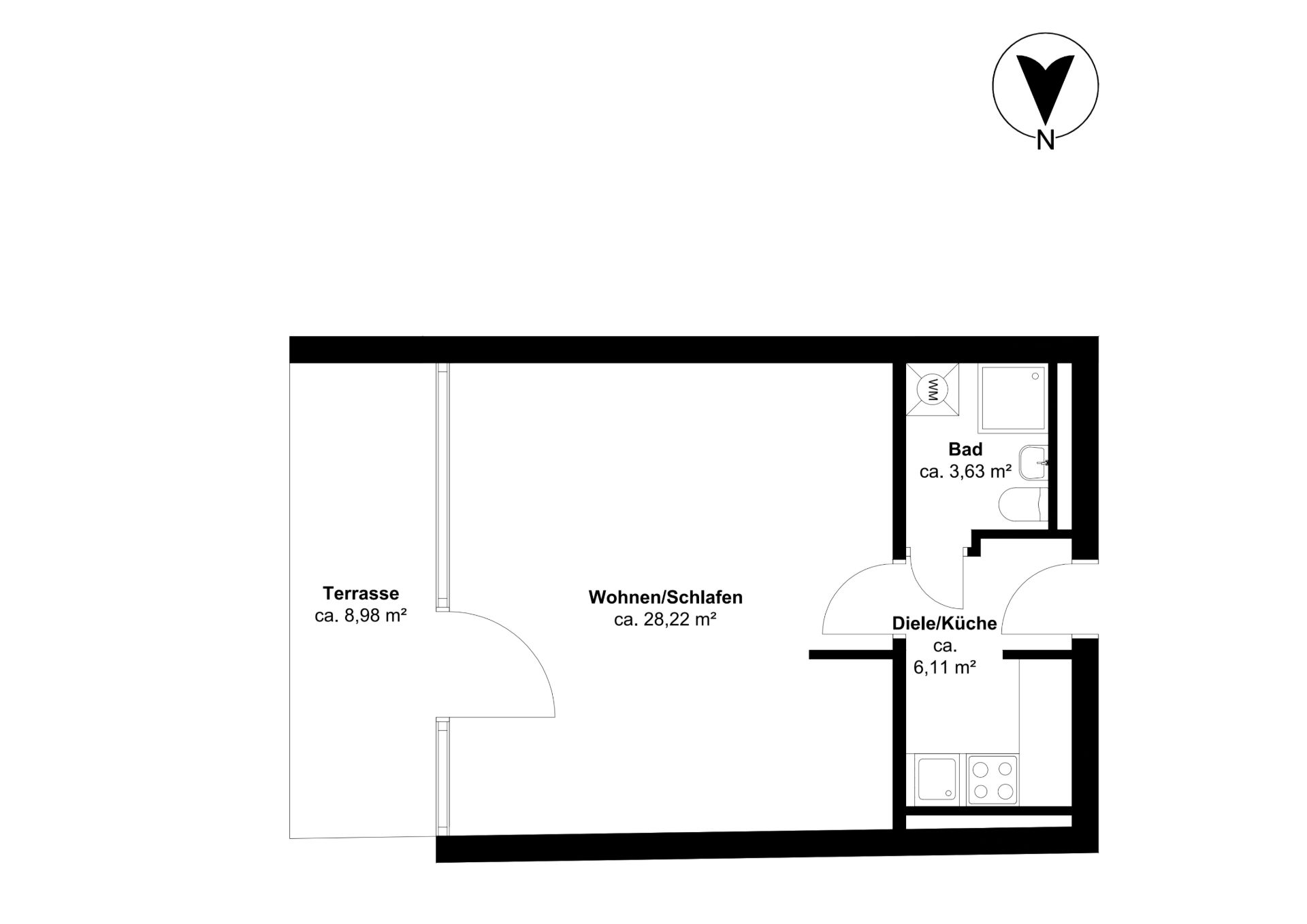 Grundriss einer Wohnung mit Terrasse, Wohn-/Schlafraum, Bad und Diele/Küche.
