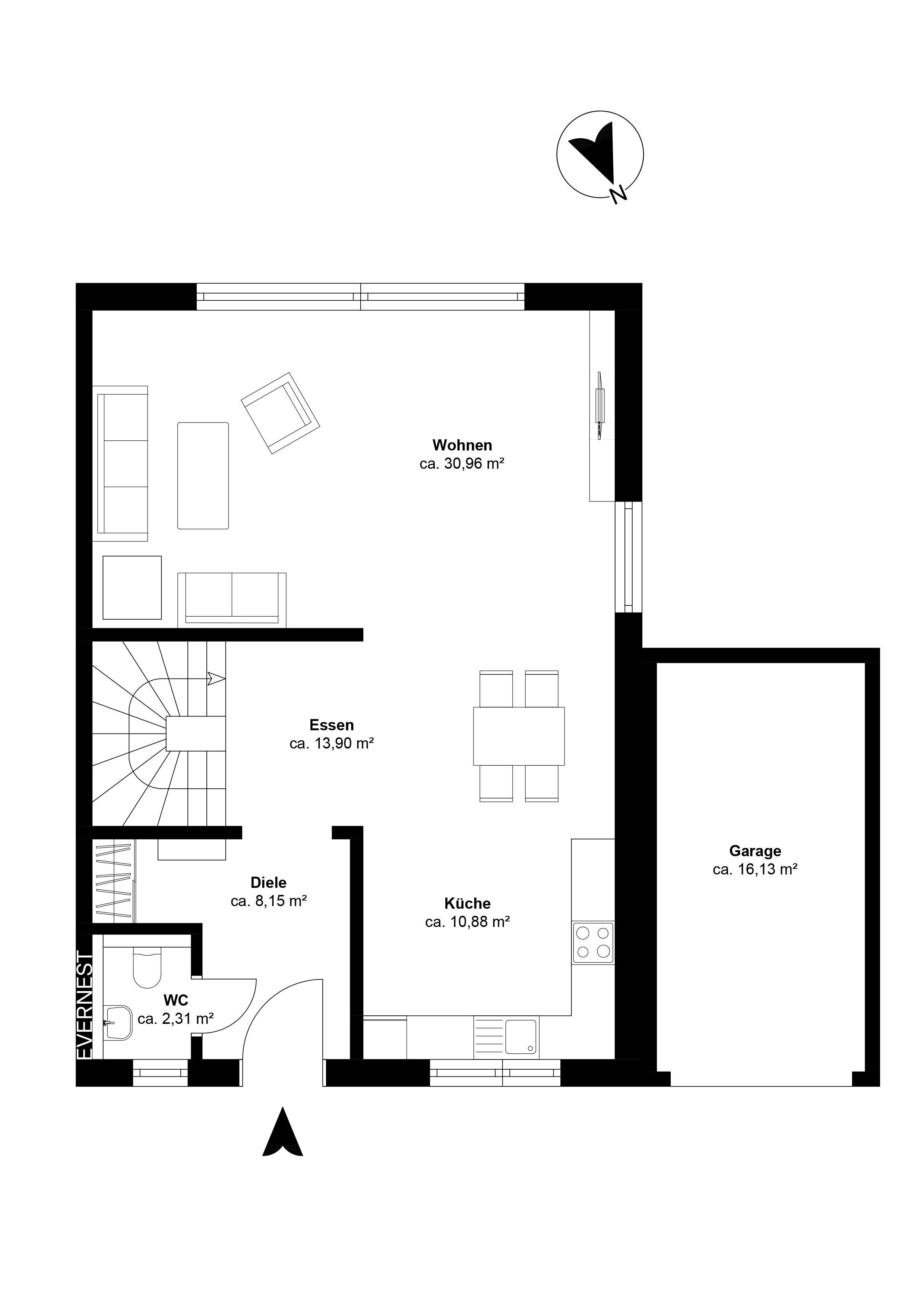 Grundriss mit Wohnzimmer, Essbereich, Küche, Diele, WC und Garage.
