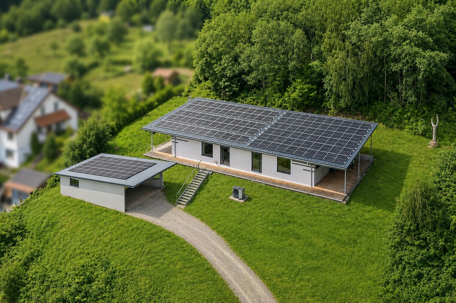 Modernes Haus mit Photovoltaikanlage auf dem Dach, umgeben von viel Grün und mit separater Garage.