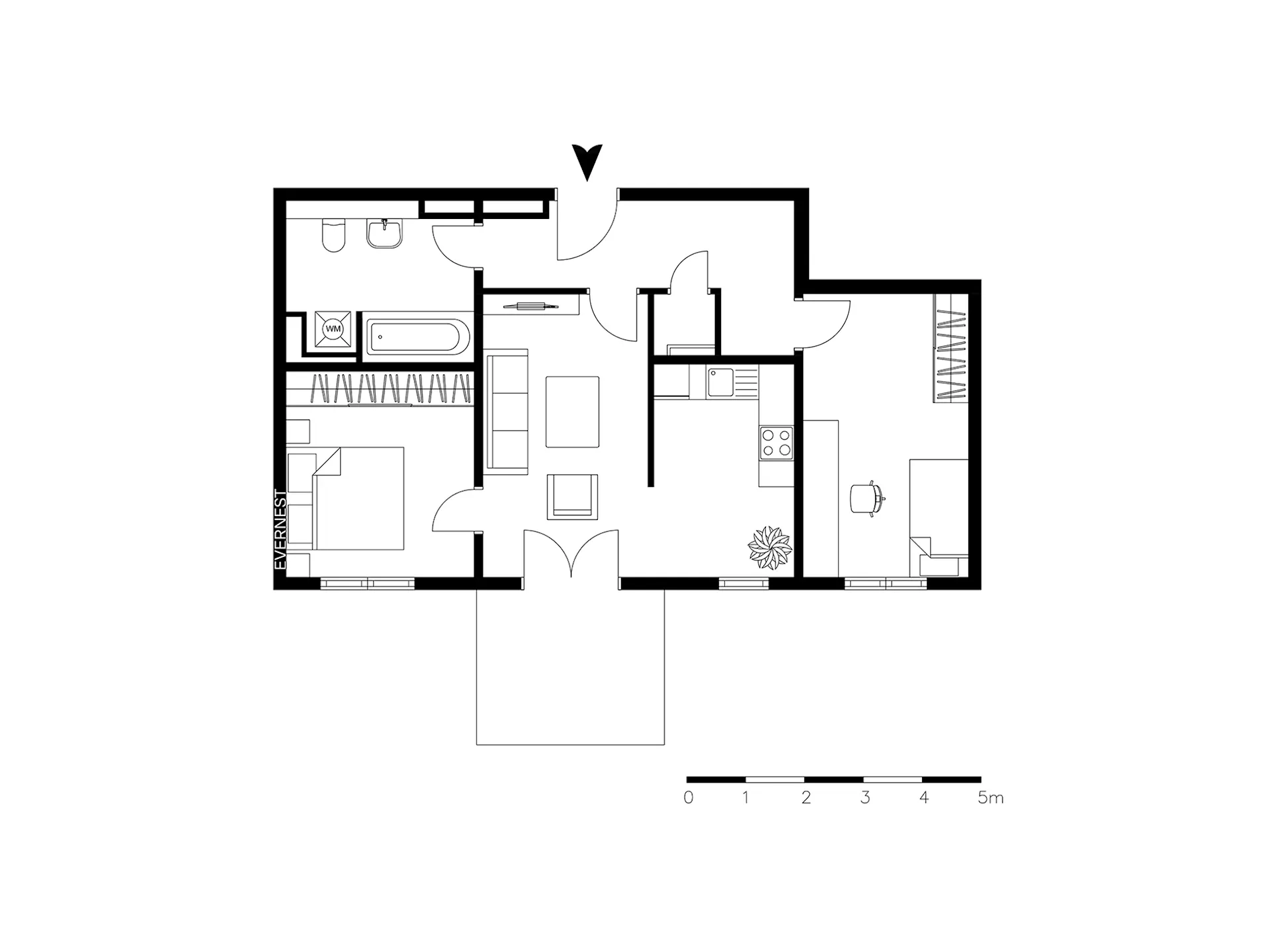Grundriss einer Wohnung mit Schlafzimmer, Bad, Wohnzimmer, Küche und Essbereich.