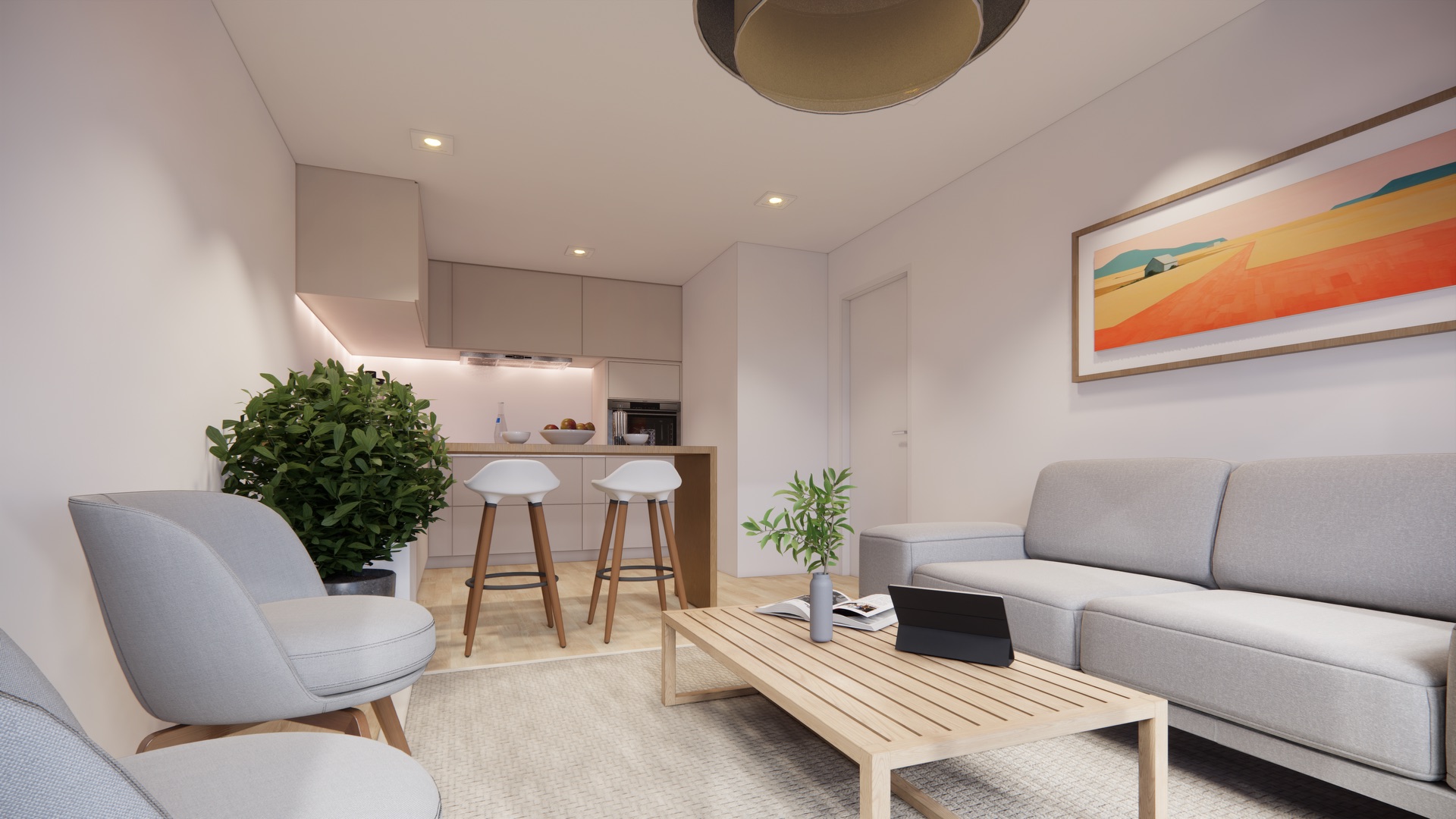 Modernes Wohnzimmer mit grauem Sofa, Sessel, Couchtisch, Pflanze und offener Küche im Hintergrund.