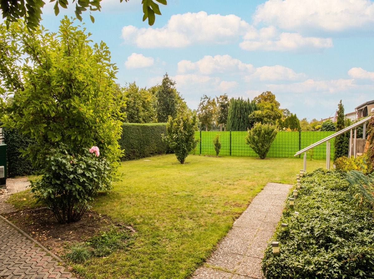 Grüner Garten mit Rasen, kleinen Bäumen, Büschen und einem gepflasterten Weg.