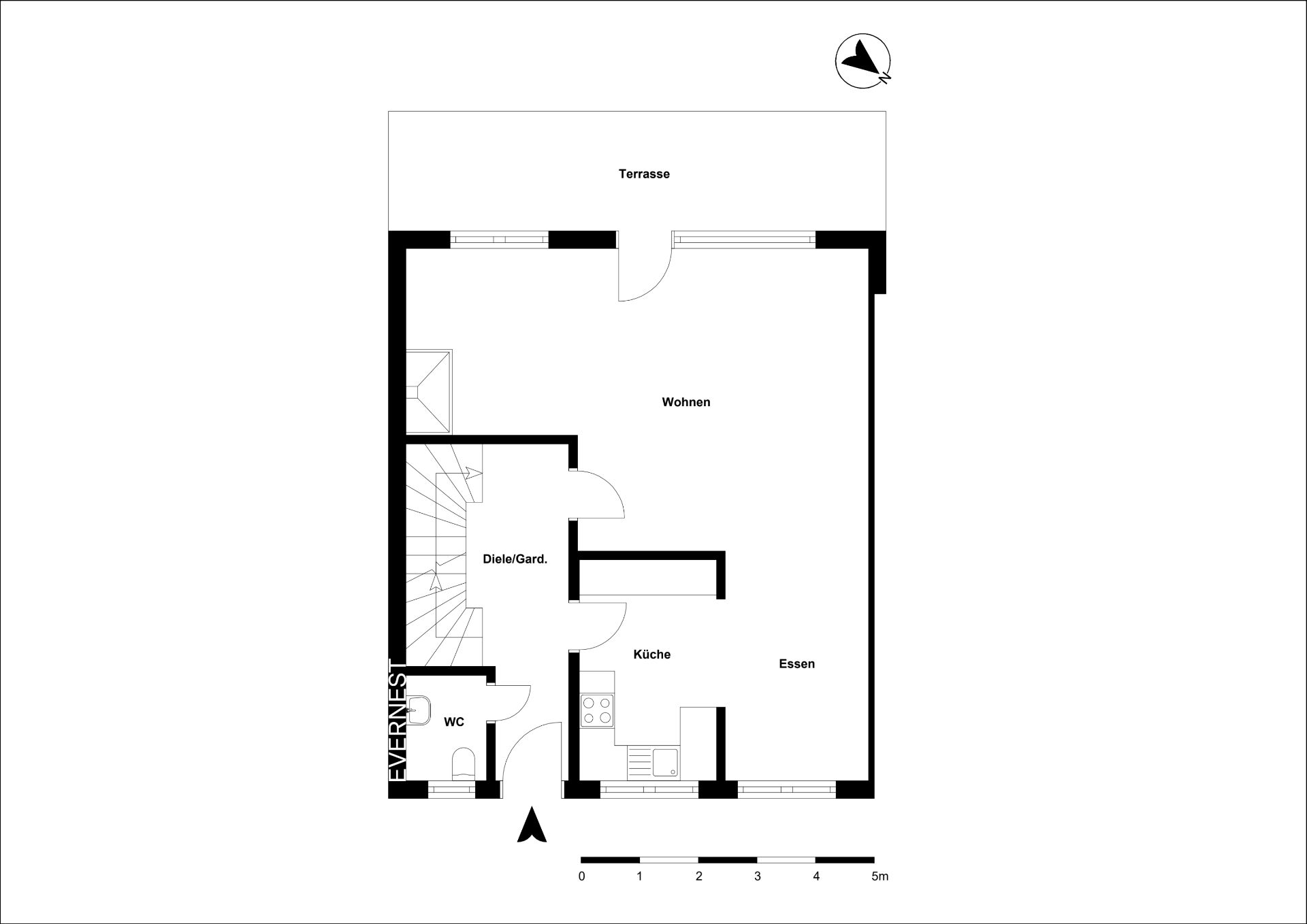Grundriss eines Hauses mit Terrasse, Wohnzimmer, Küche, Essbereich, Diele und WC.