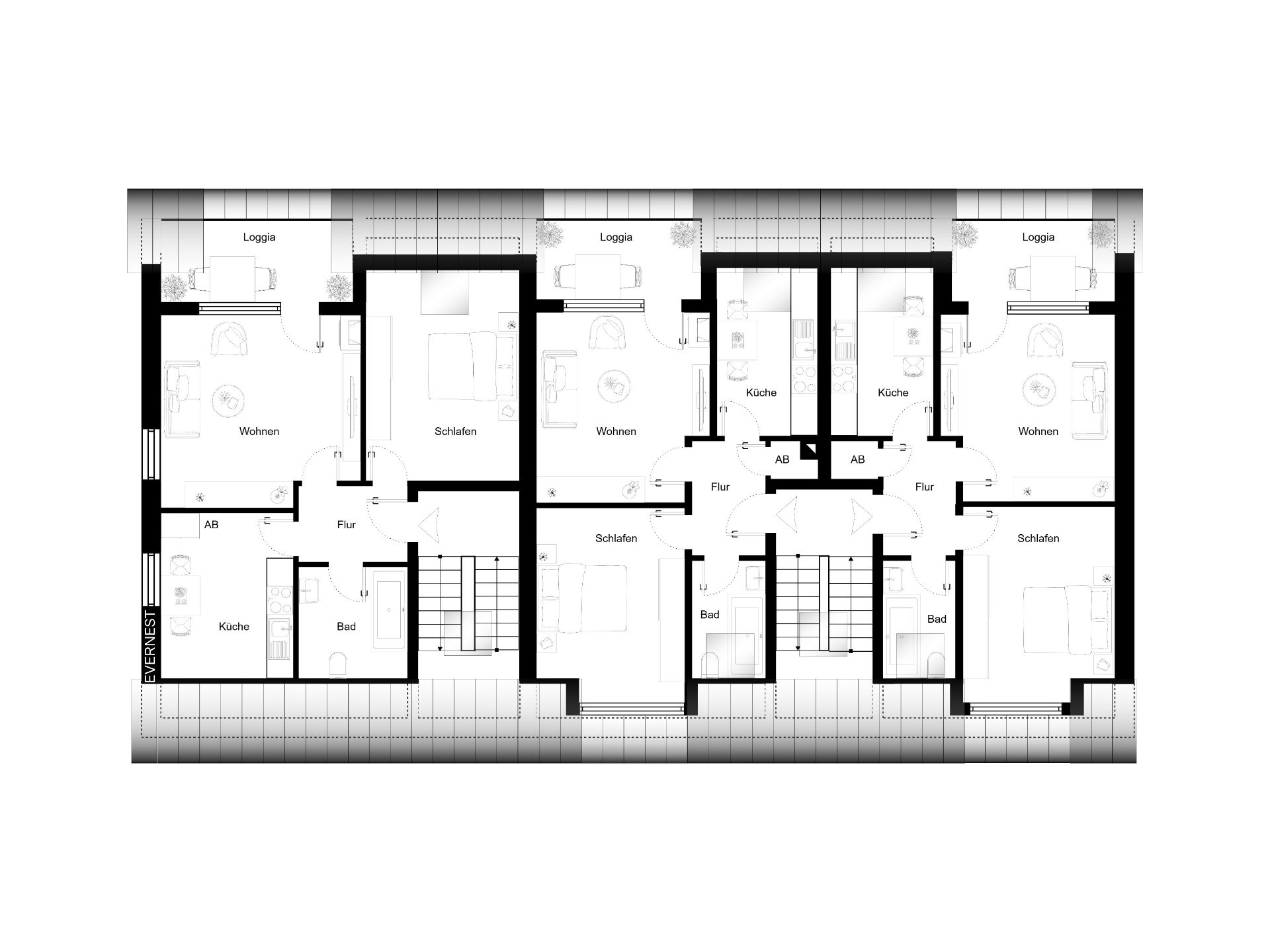 Grundriss mit mehreren Wohnungen, jeweils mit Wohnzimmer, Schlafzimmer, Küche, Bad und Loggia.