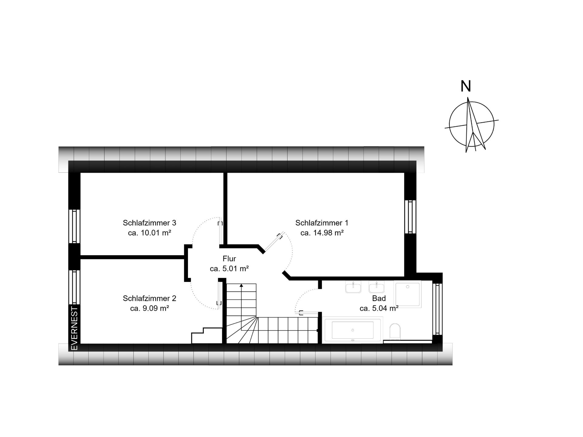 Grundriss mit drei Schlafzimmern, Flur, Bad und Treppe.