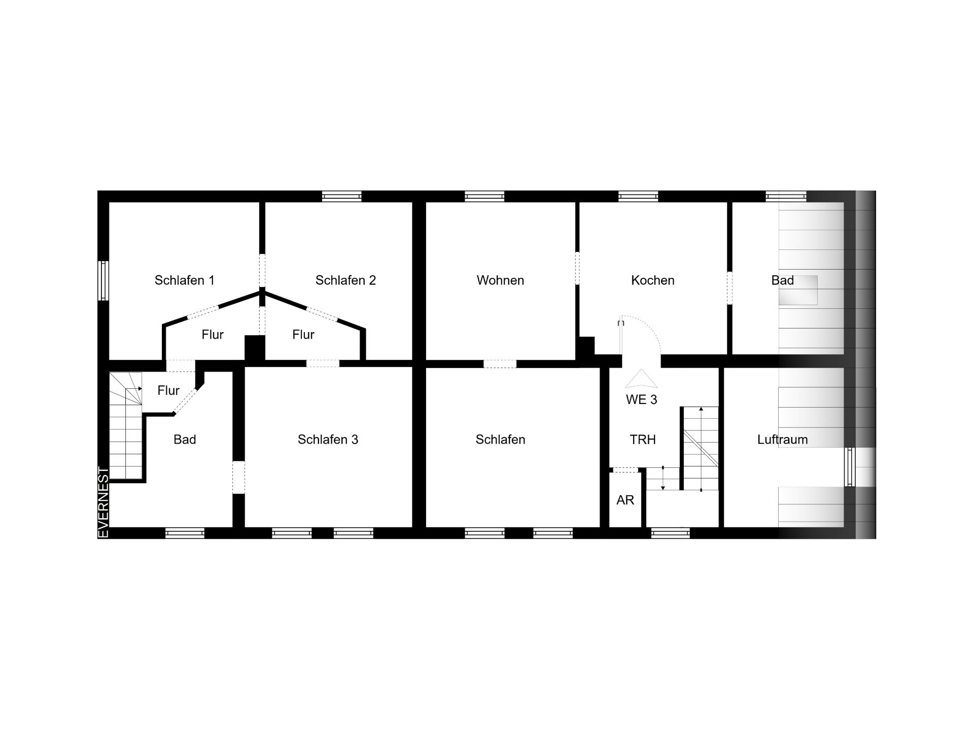 Grundriss einer Wohnung mit mehreren Schlaf-, Wohn- und Badezimmern sowie Fluren und Treppen.
