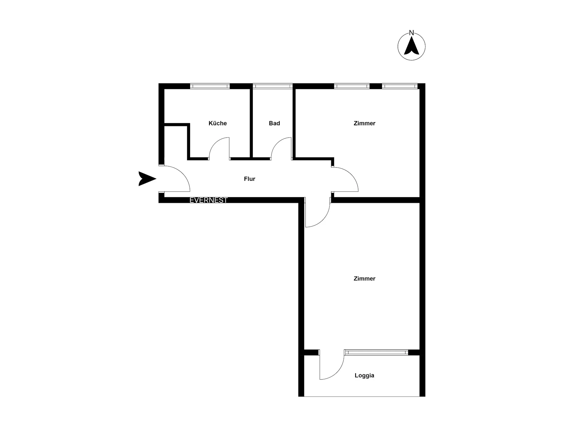Grundriss mit Küche, Bad, Flur, zwei Zimmern und Loggia.