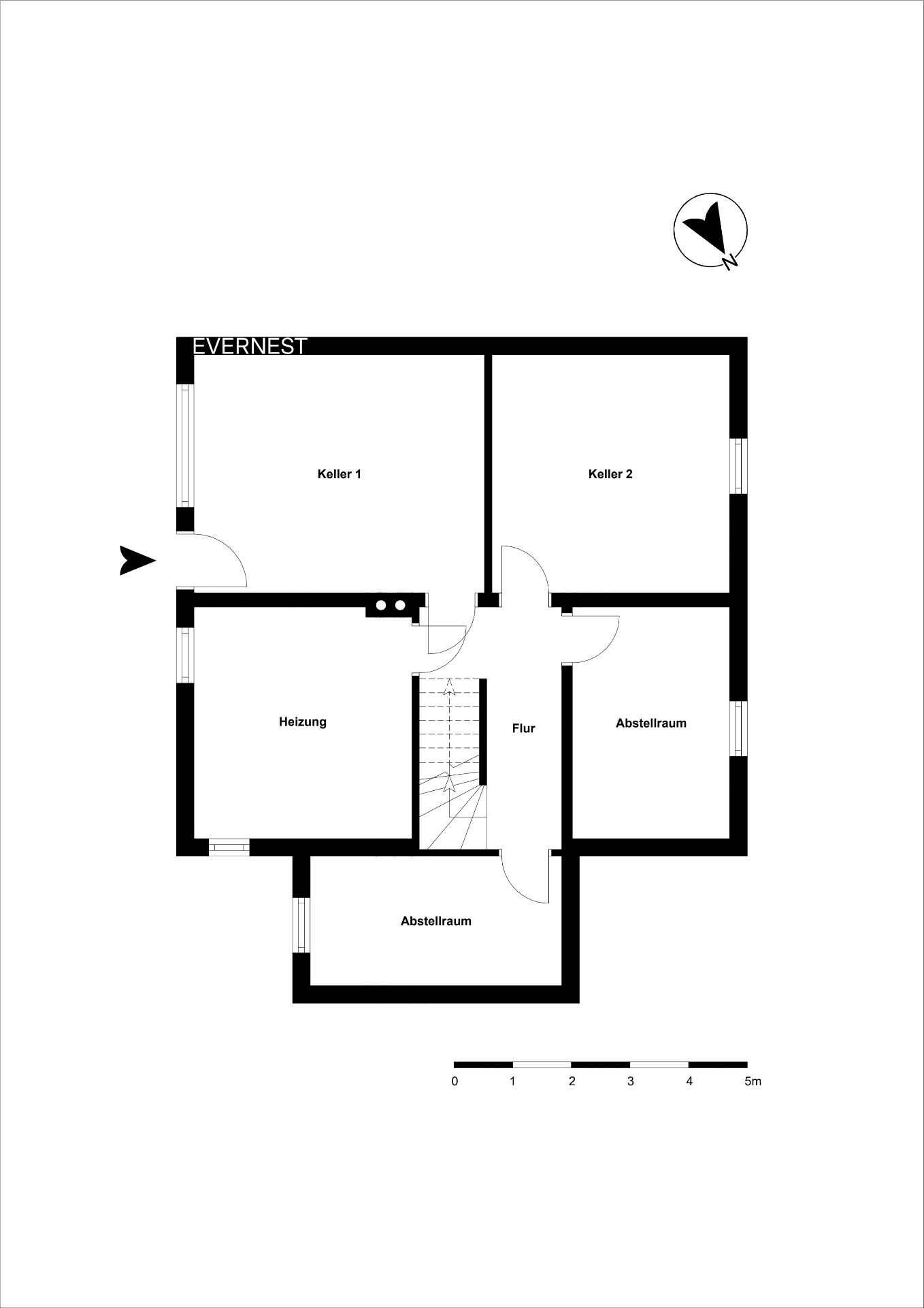 Grundriss eines Kellers mit zwei Kellerräumen, Heizungsraum, Flur und zwei Abstellräumen.