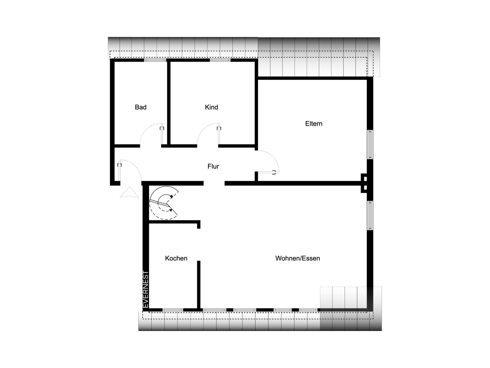Grundriss mit Bad, Kinderzimmer, Elternzimmer, Flur, Küche und Wohn-/Essbereich.