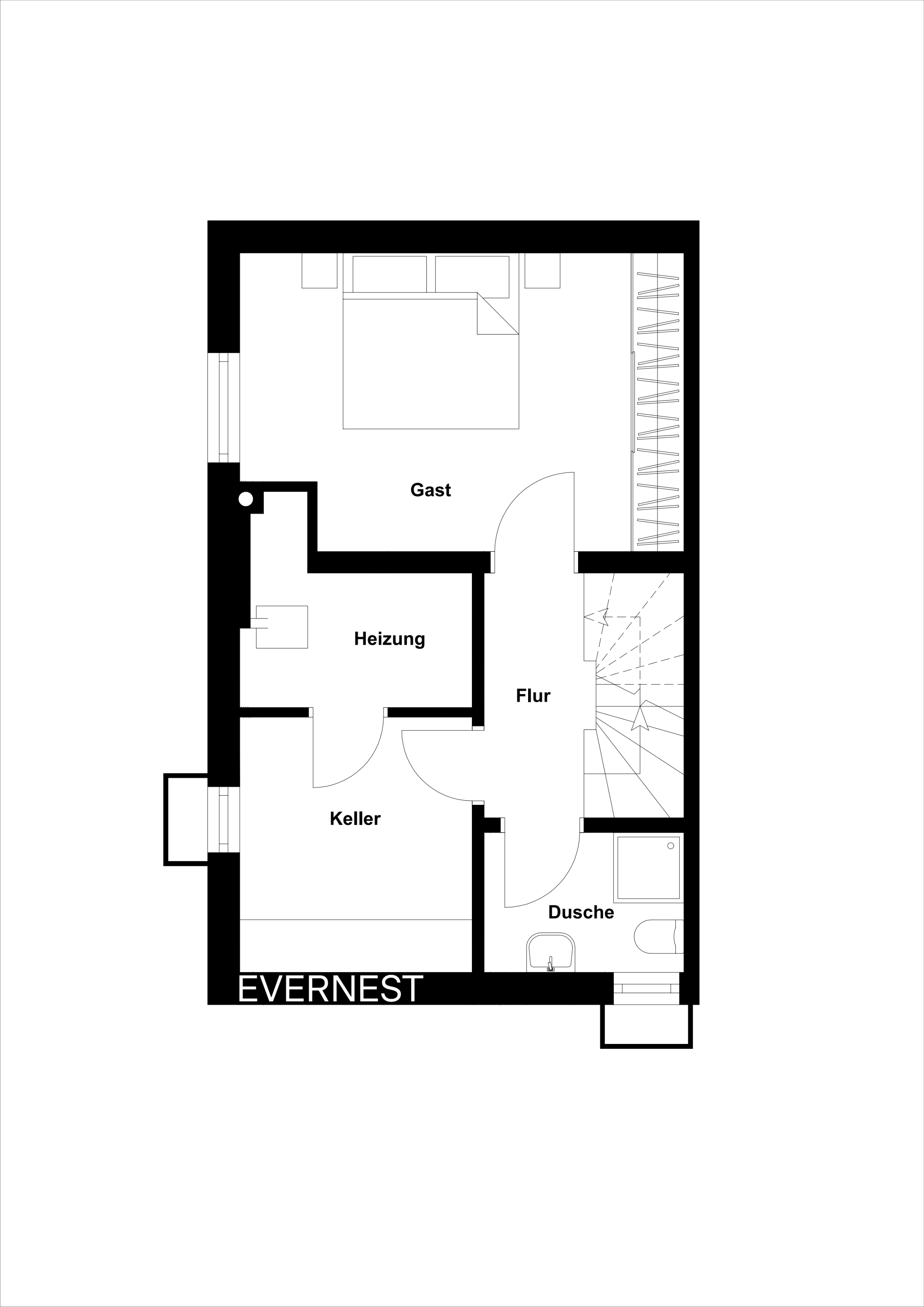 Grundriss mit Gästezimmer, Heizung, Keller, Flur und Duschbad.