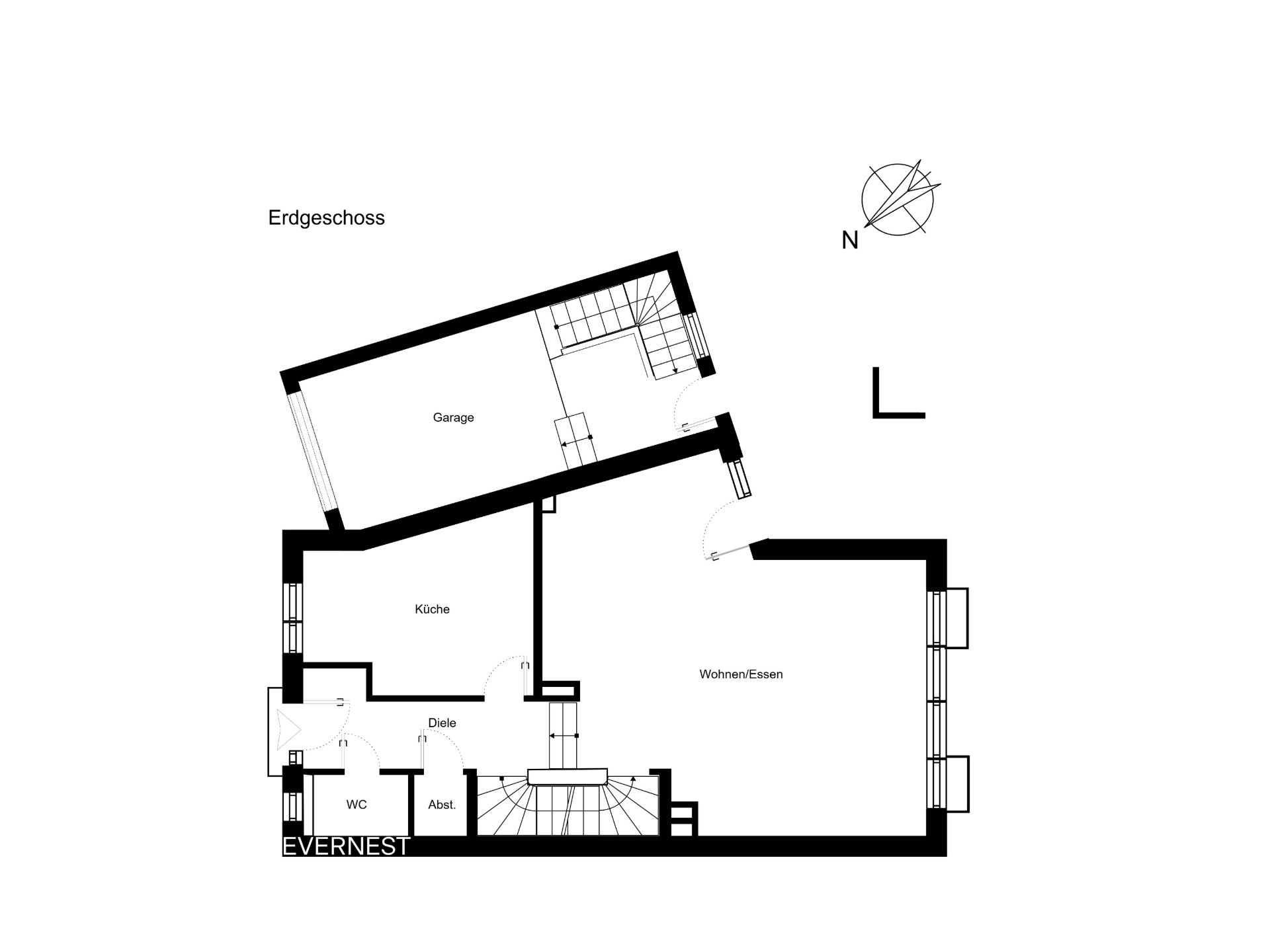 Grundriss des Erdgeschosses mit Garage, Küche, WC, Abstellraum und Wohn-/Essbereich.