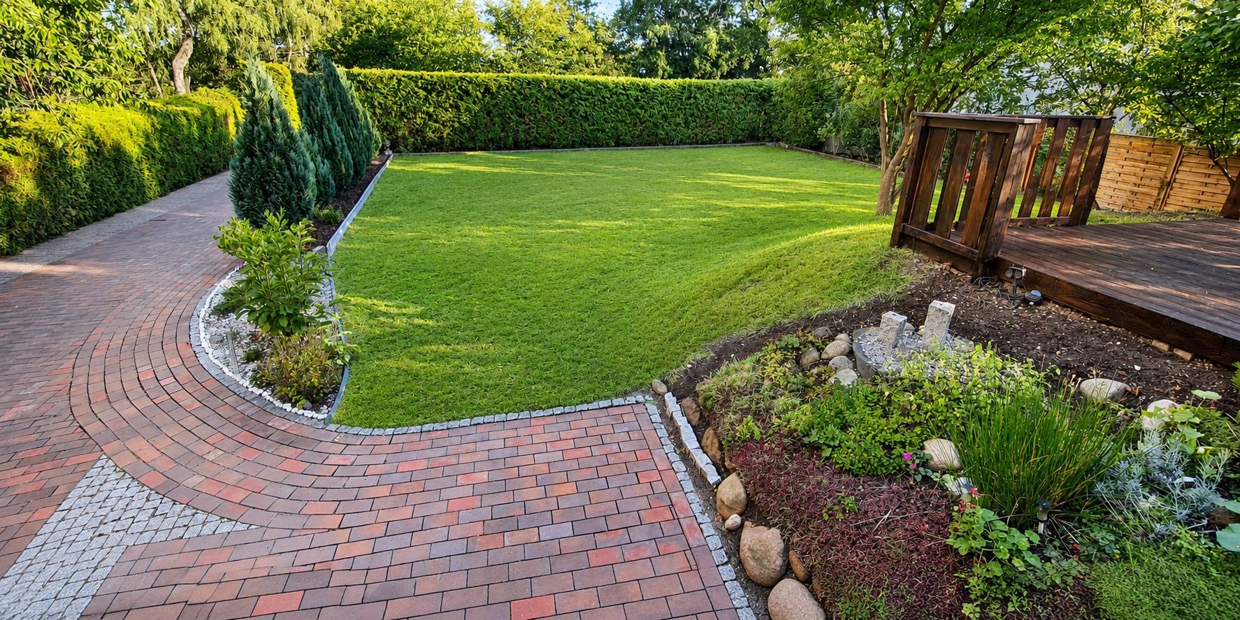 Gepflasterter Weg mit Rasenfläche, Holzterrasse und Gartenbeeten mit Pflanzen und Steinen.