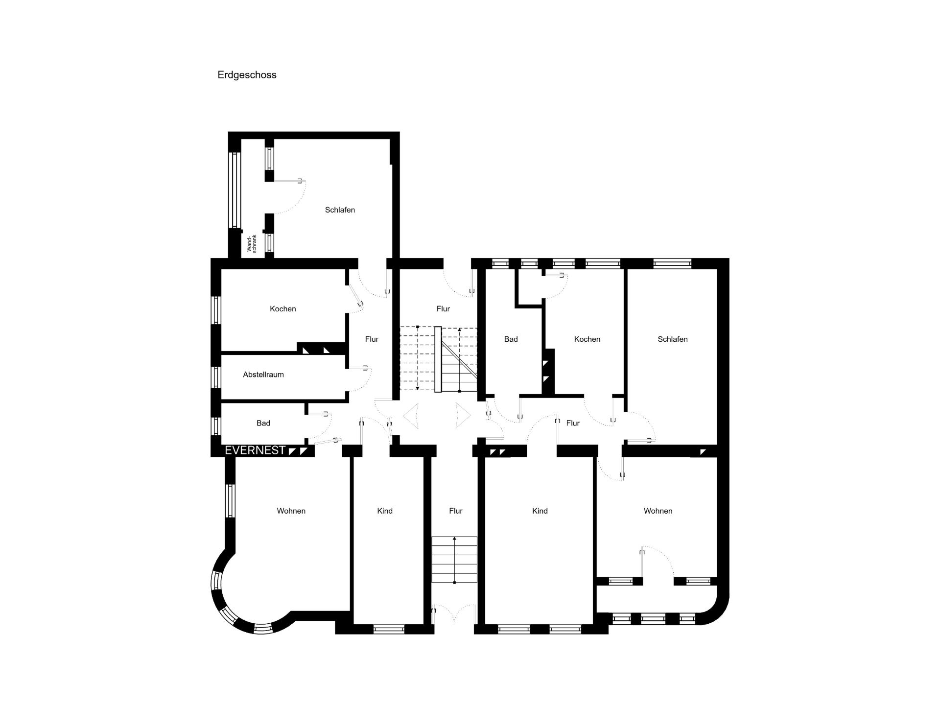 Grundriss des Erdgeschosses mit Wohn-, Schlaf-, Kinderzimmern, Küche, Bad und Fluren.