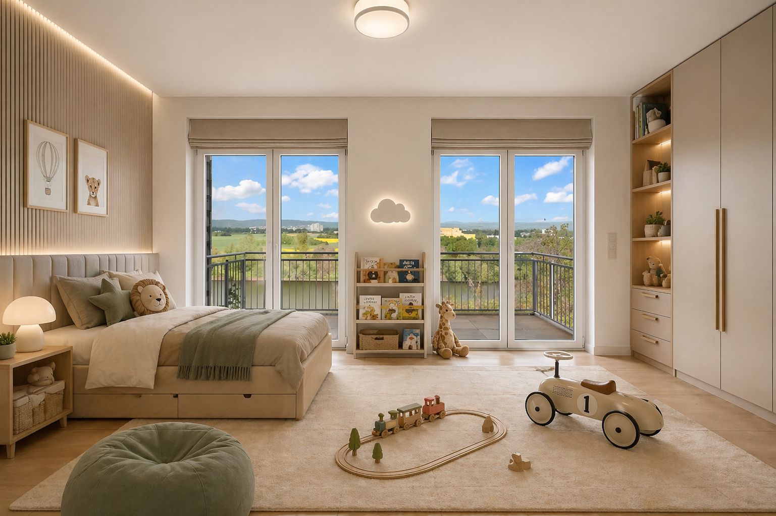 Kinderzimmer mit Bett, Spielzeugauto, Spielzeugzug und großem Fenster mit Blick ins Grüne.