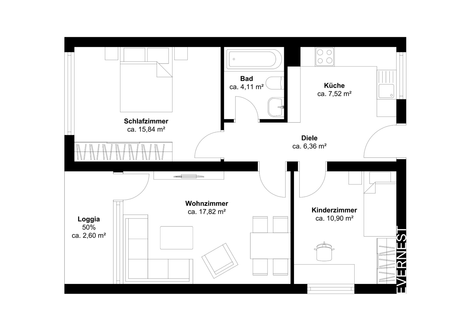 Grundriss einer Wohnung mit Schlafzimmer, Kinderzimmer, Wohnzimmer, Küche, Bad, Diele und Loggia.