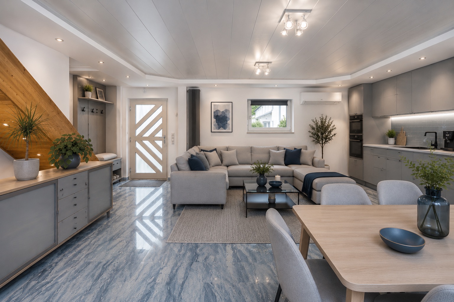 Modernes Wohnzimmer mit Ecksofa, Esstisch und offener Küche, helle Einrichtung und Pflanzen.