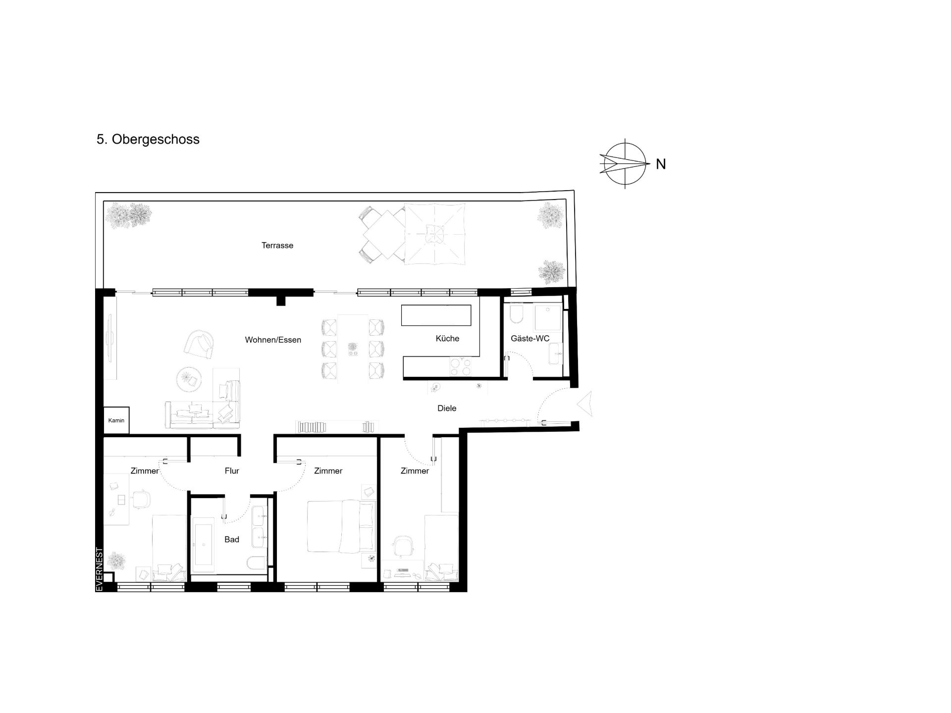 Grundriss einer Wohnung mit drei Zimmern, Küche, Bad, Gäste-WC, Wohnbereich und großer Terrasse.