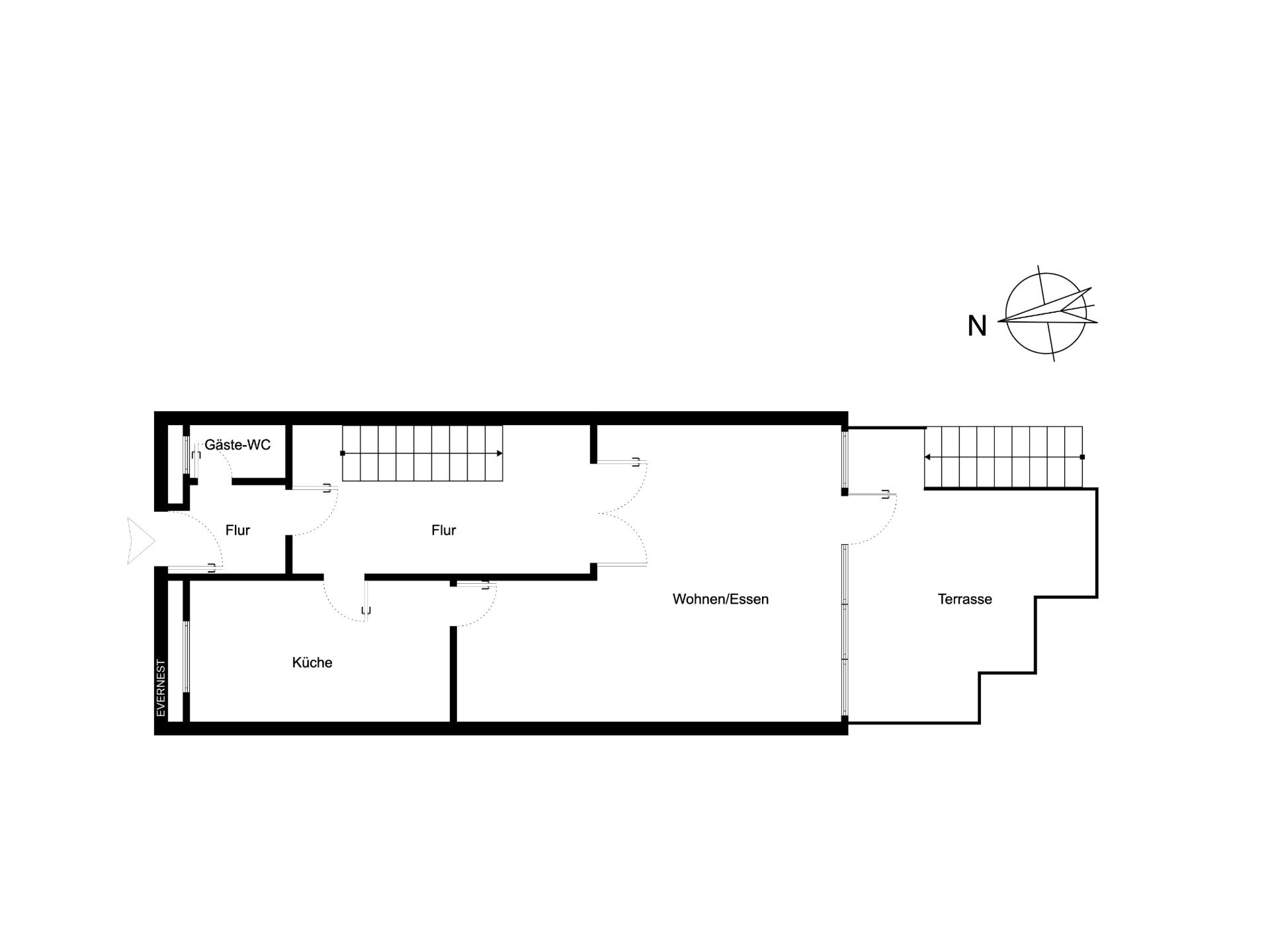 Grundriss mit Küche, Gäste-WC, Flur, Wohn-/Essbereich und Terrasse.