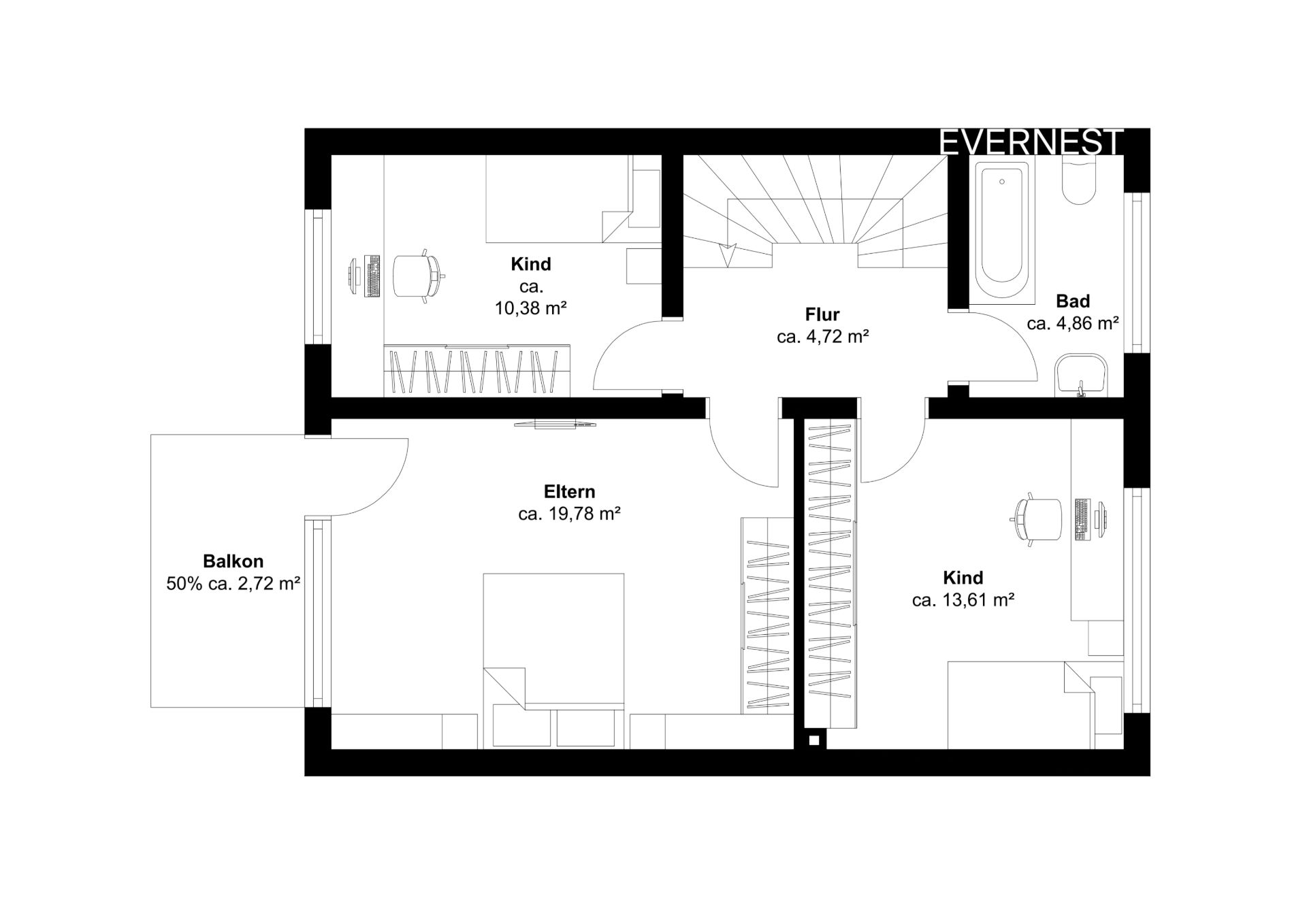 Grundriss mit zwei Kinderzimmern, Elternschlafzimmer, Bad, Flur und Balkon.