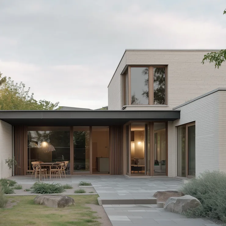 Modernes zweistöckiges Wohnhaus mit großen Fenstern und Gartenmöbeln im Vorgarten.