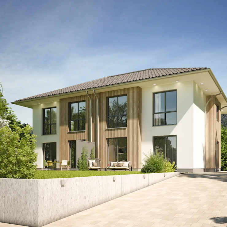 Modernes zweistöckiges Wohnhaus mit großen Fenstern und Gartenmöbeln im Vorgarten.