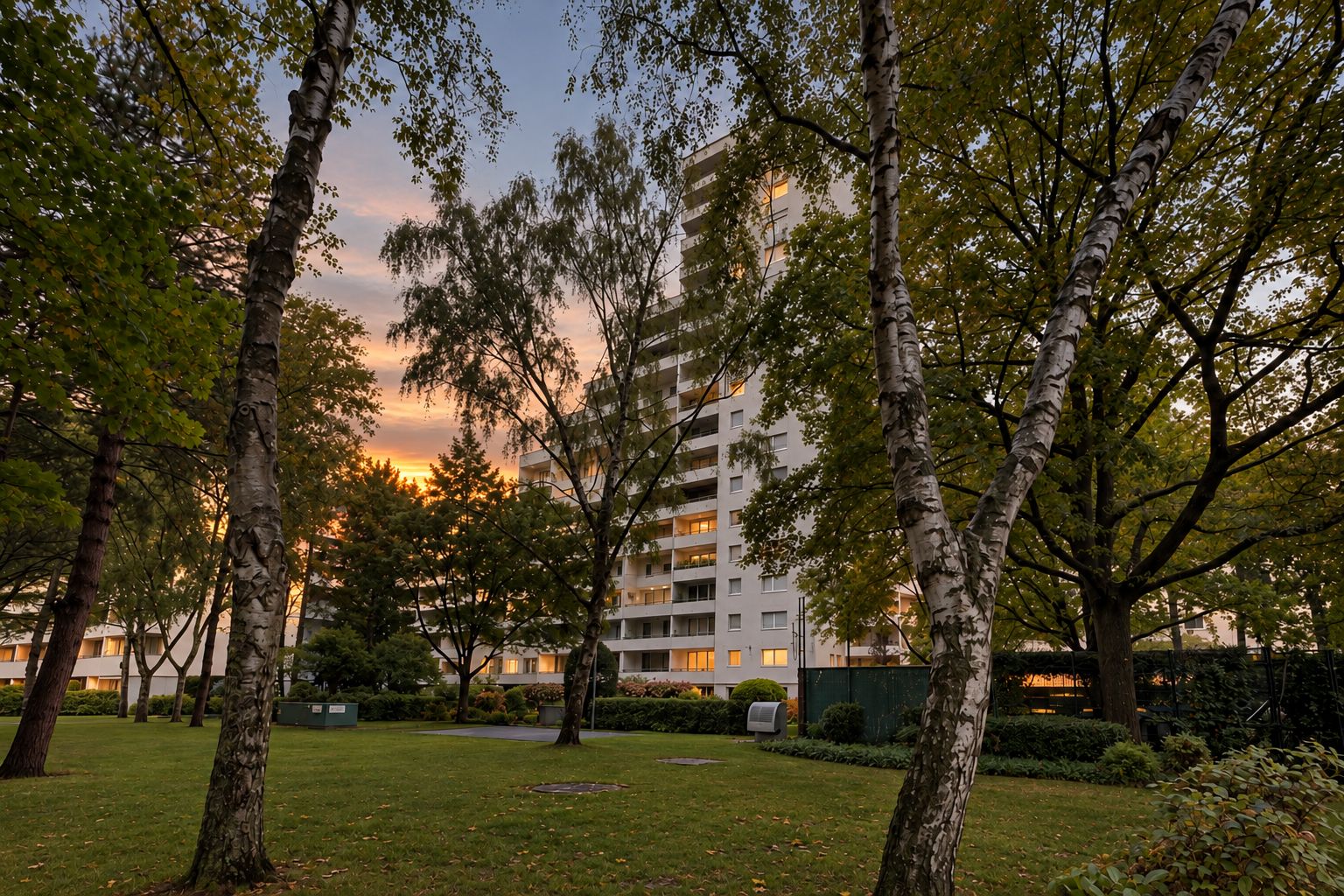 Wohnhaus mit mehreren Etagen hinter Bäumen bei Sonnenuntergang, umgeben von grüner Wiese.