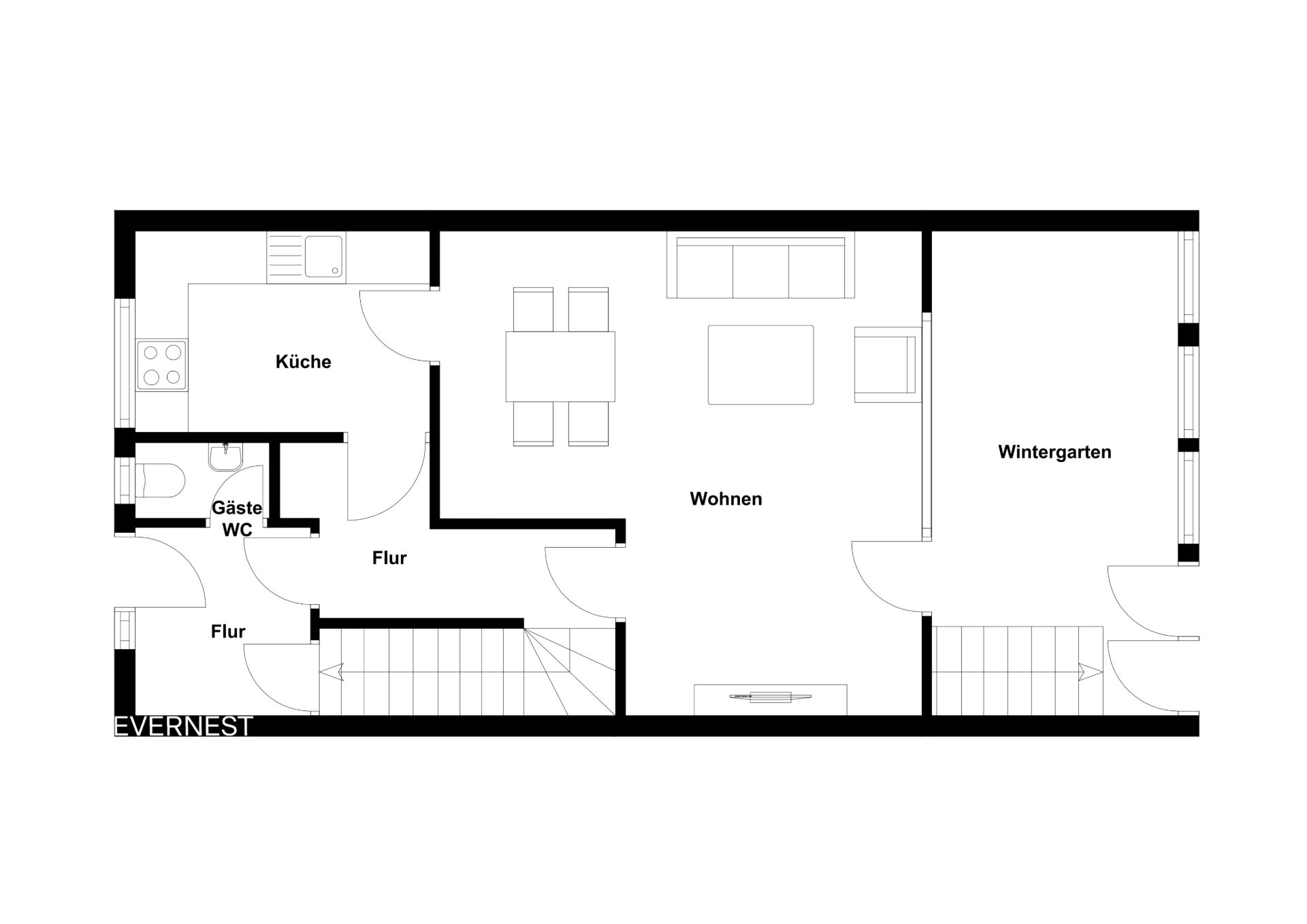 Grundriss mit Küche, Gäste-WC, Flur, Wohnbereich und Wintergarten.