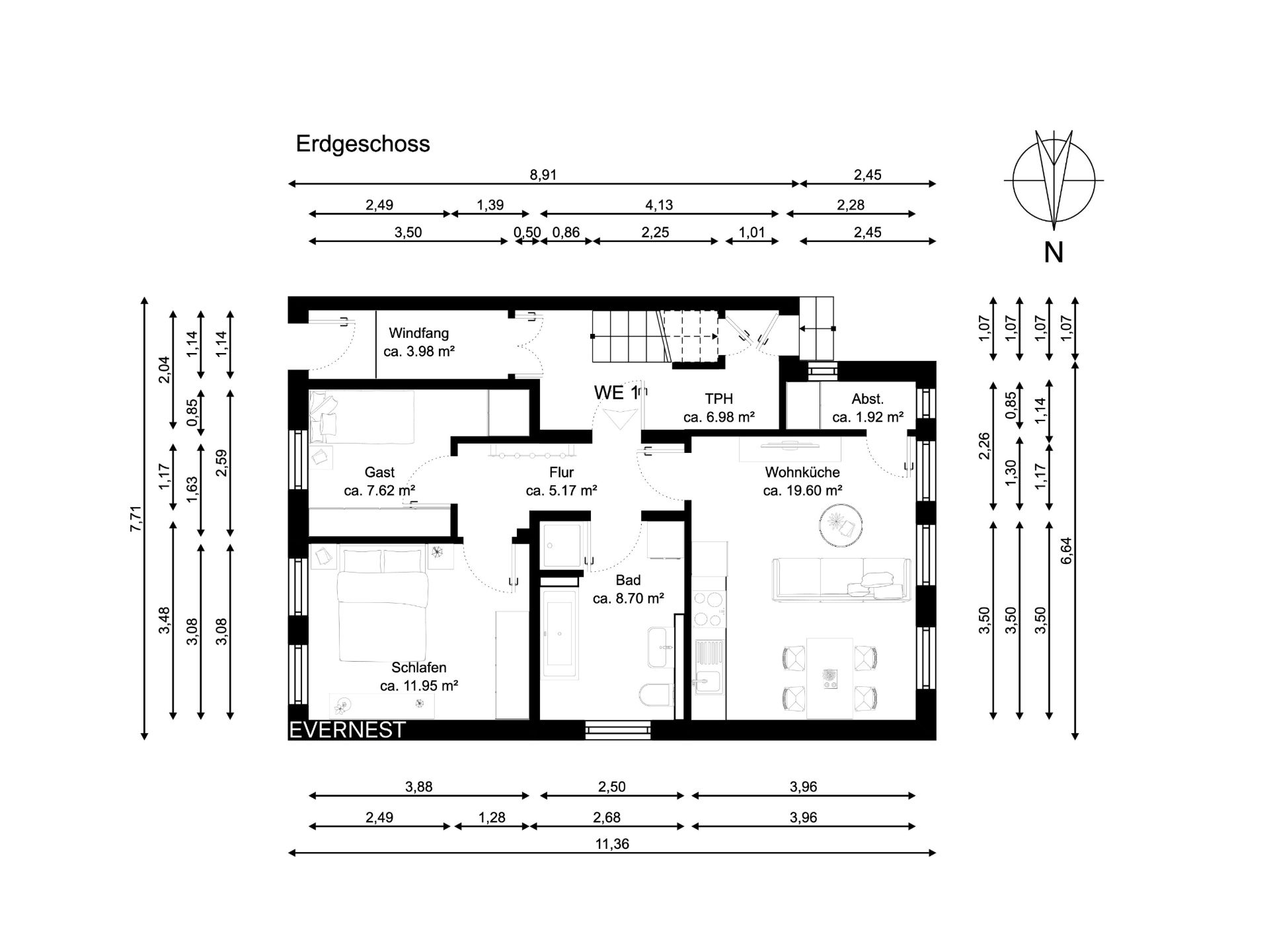 Grundriss des Erdgeschosses mit Wohnküche, Bad, Schlafzimmer, Gästezimmer und Abstellraum.