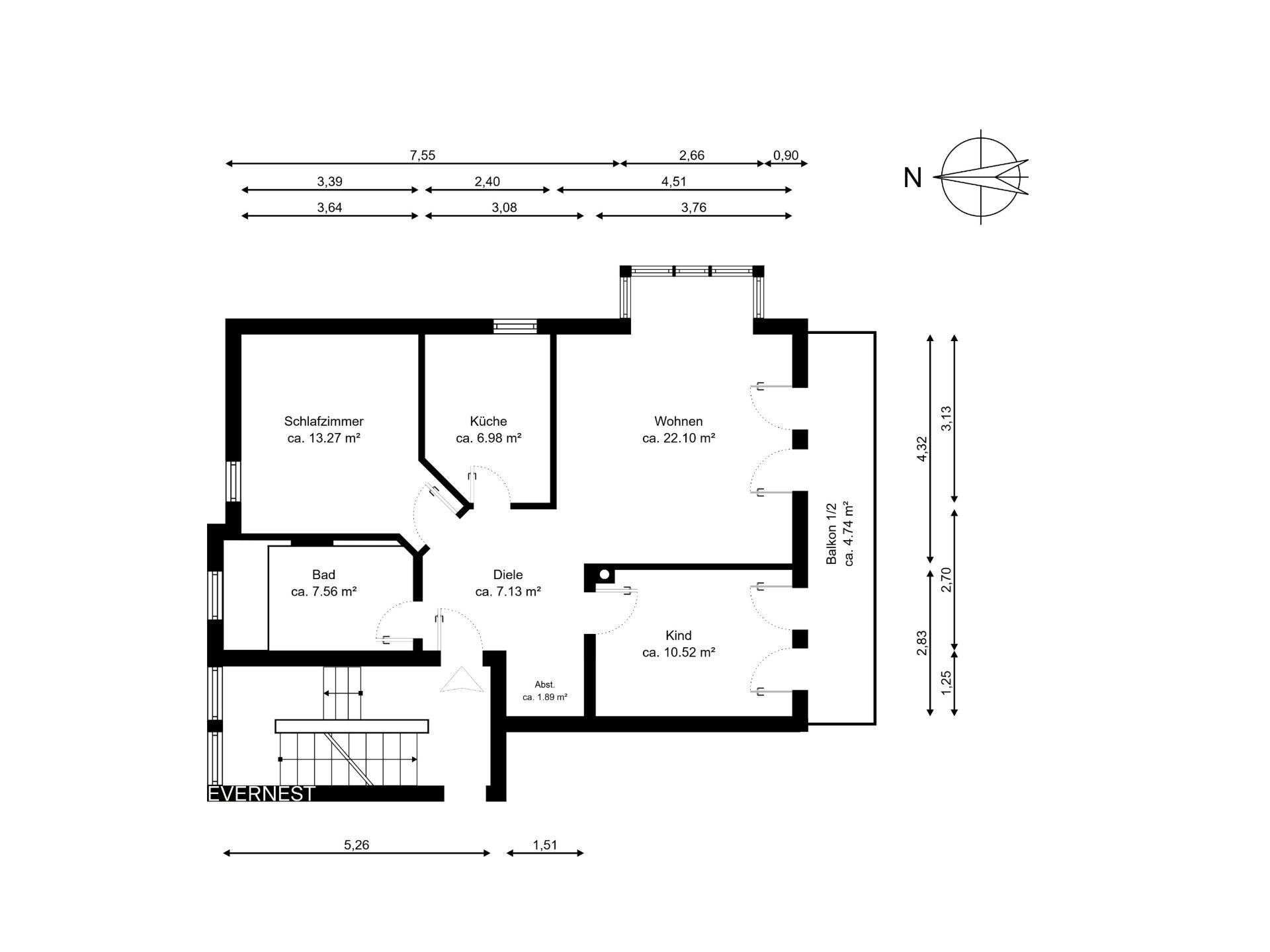 Grundriss einer Wohnung mit Schlafzimmer, Küche, Bad, Wohnzimmer, Kinderzimmer und Balkon.