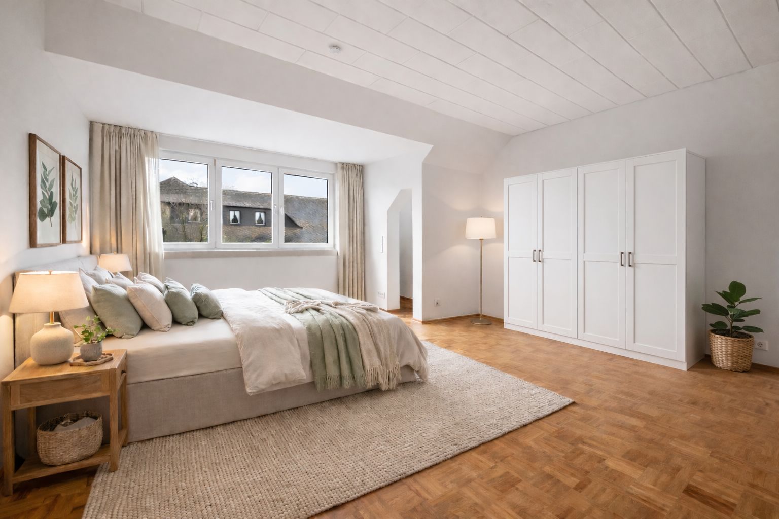 Helles Schlafzimmer mit Doppelbett, Nachttisch, Schrank, Stehlampe und großem Fenster.