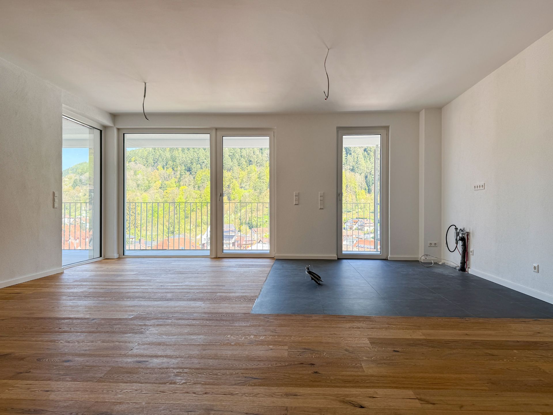 Leerer Wohnraum mit Holz- und Fliesenboden, großen Fenstern und Blick ins Grüne.